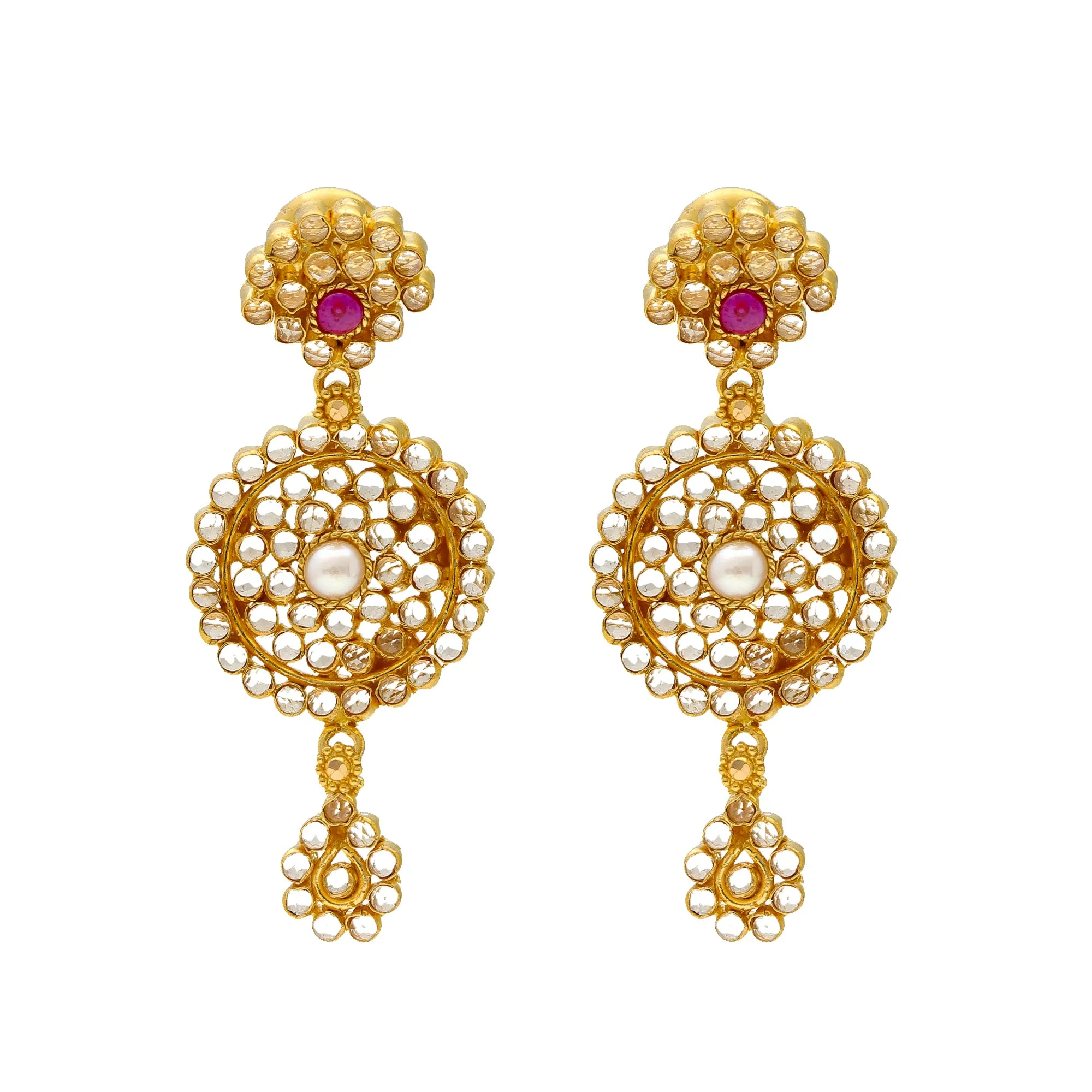 22K Yellow Gold V Shaped Polki Necklace Set with Pearls (54.7gm)
