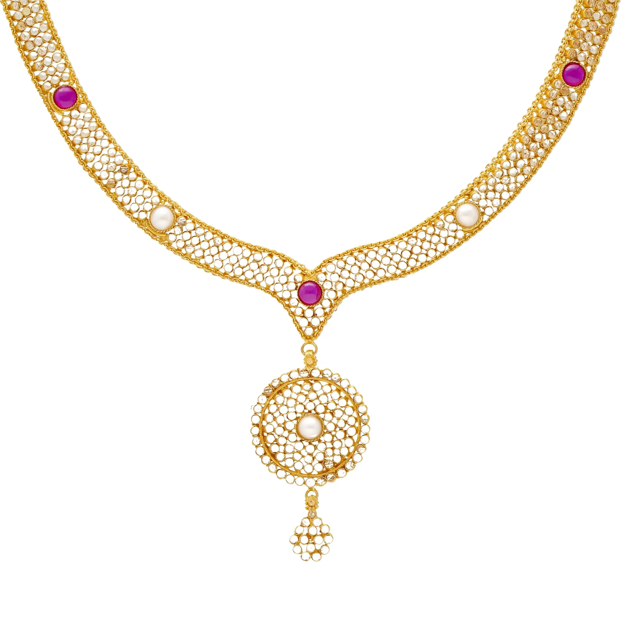 22K Yellow Gold V Shaped Polki Necklace Set with Pearls (54.7gm)