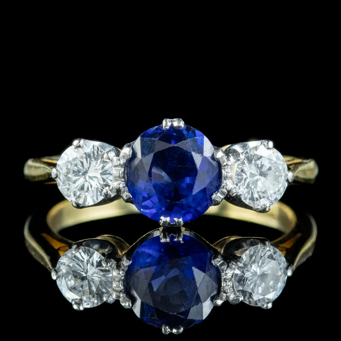 Antique Edwardian Ceylon Sapphire Diamond Trilogy Ring 1.51ct Sapphire With Cert