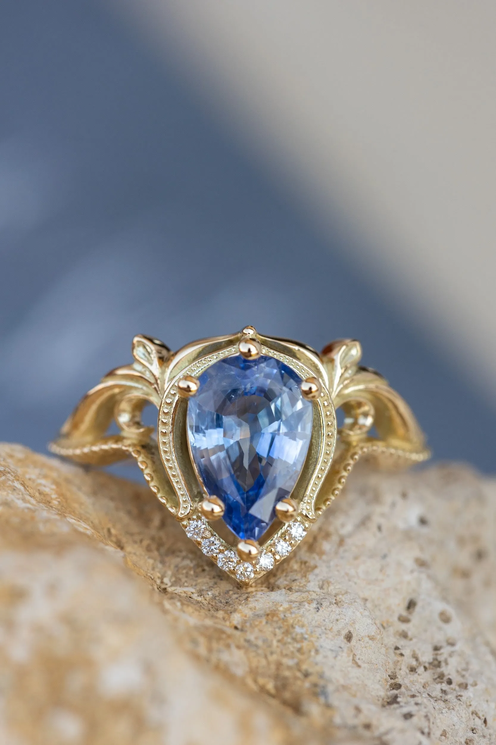 Big pear sapphire engagement ring set, vintage inspired gold stacking rings with accent diamonds / Lida