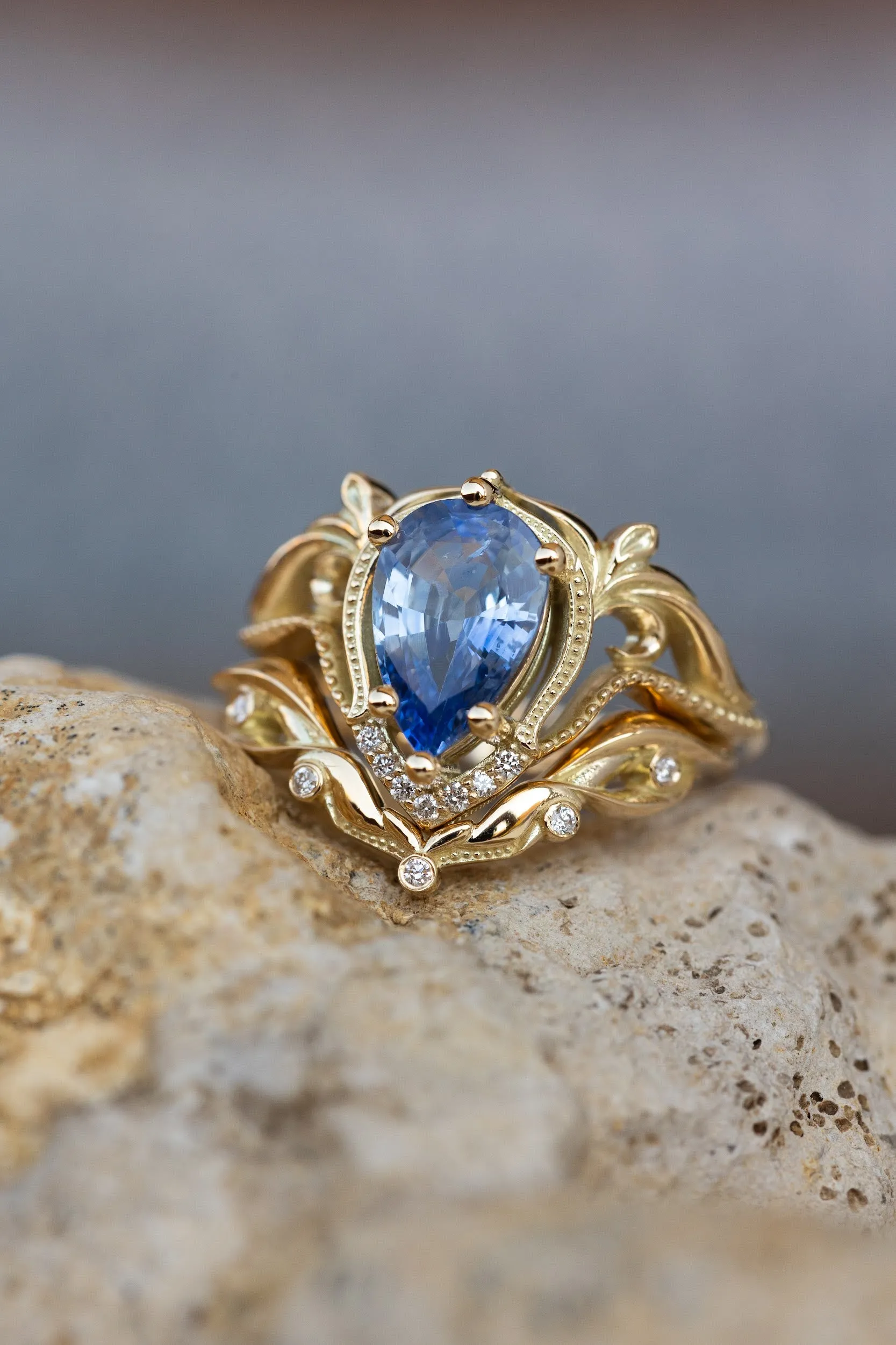 Big pear sapphire engagement ring set, vintage inspired gold stacking rings with accent diamonds / Lida