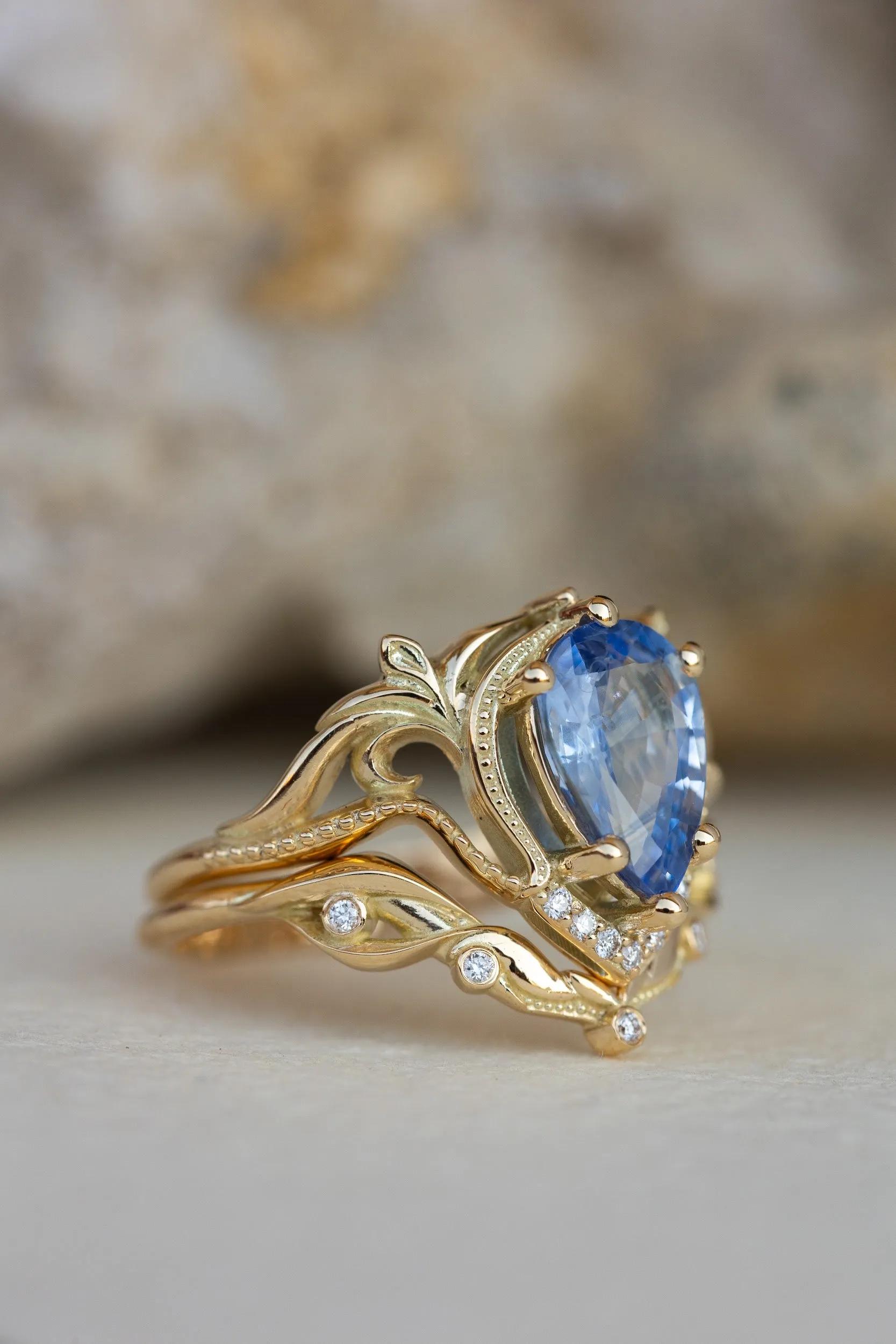 Big pear sapphire engagement ring set, vintage inspired gold stacking rings with accent diamonds / Lida