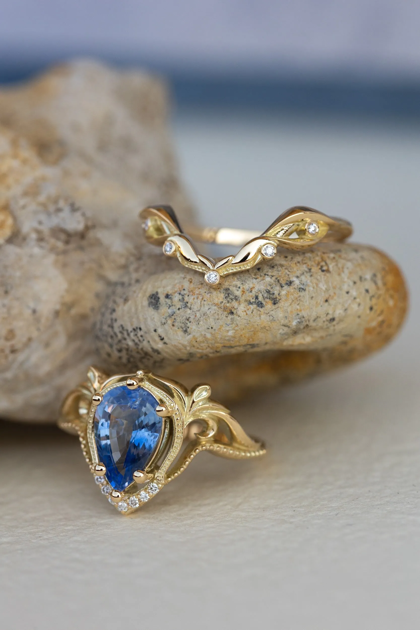 Big pear sapphire engagement ring set, vintage inspired gold stacking rings with accent diamonds / Lida