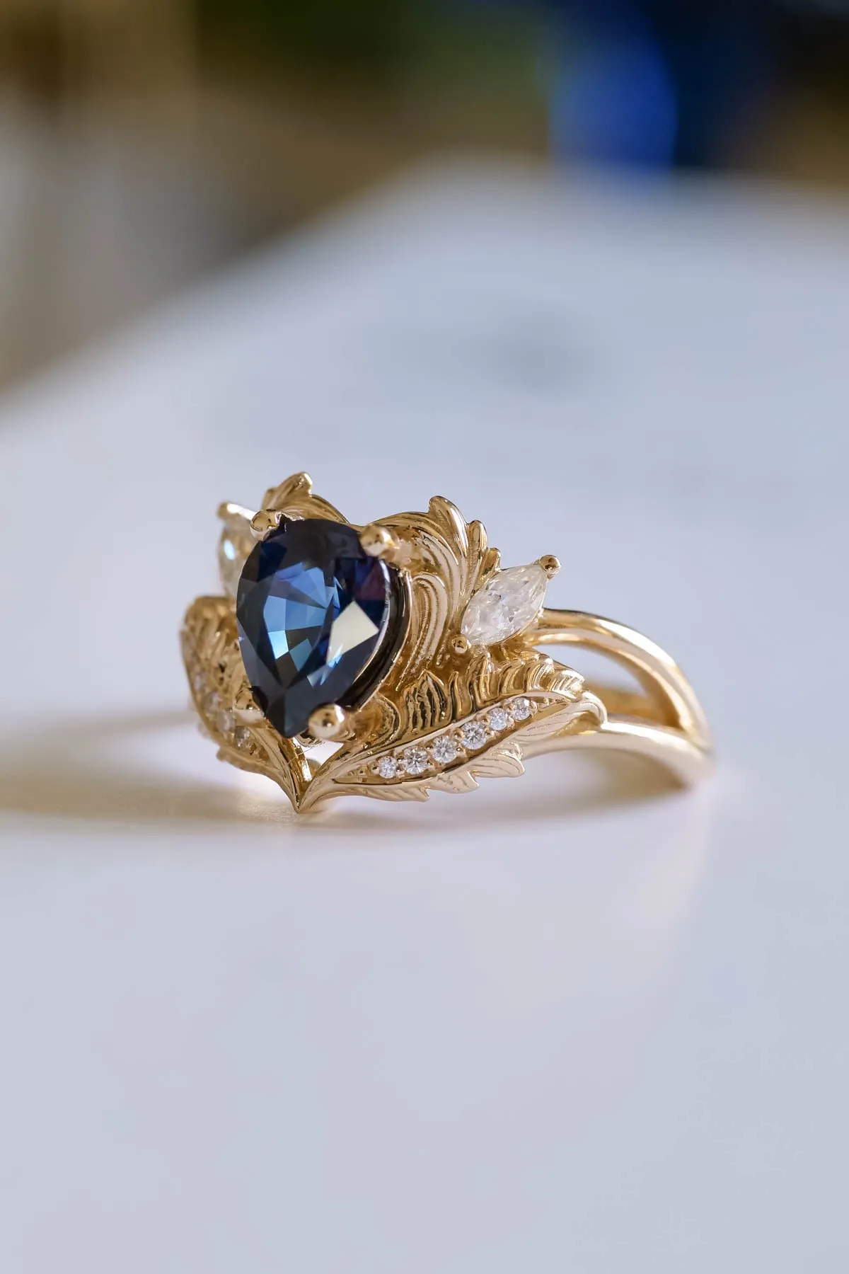 Blue sapphire engagement ring, nature inspired diamond ring / Adonis