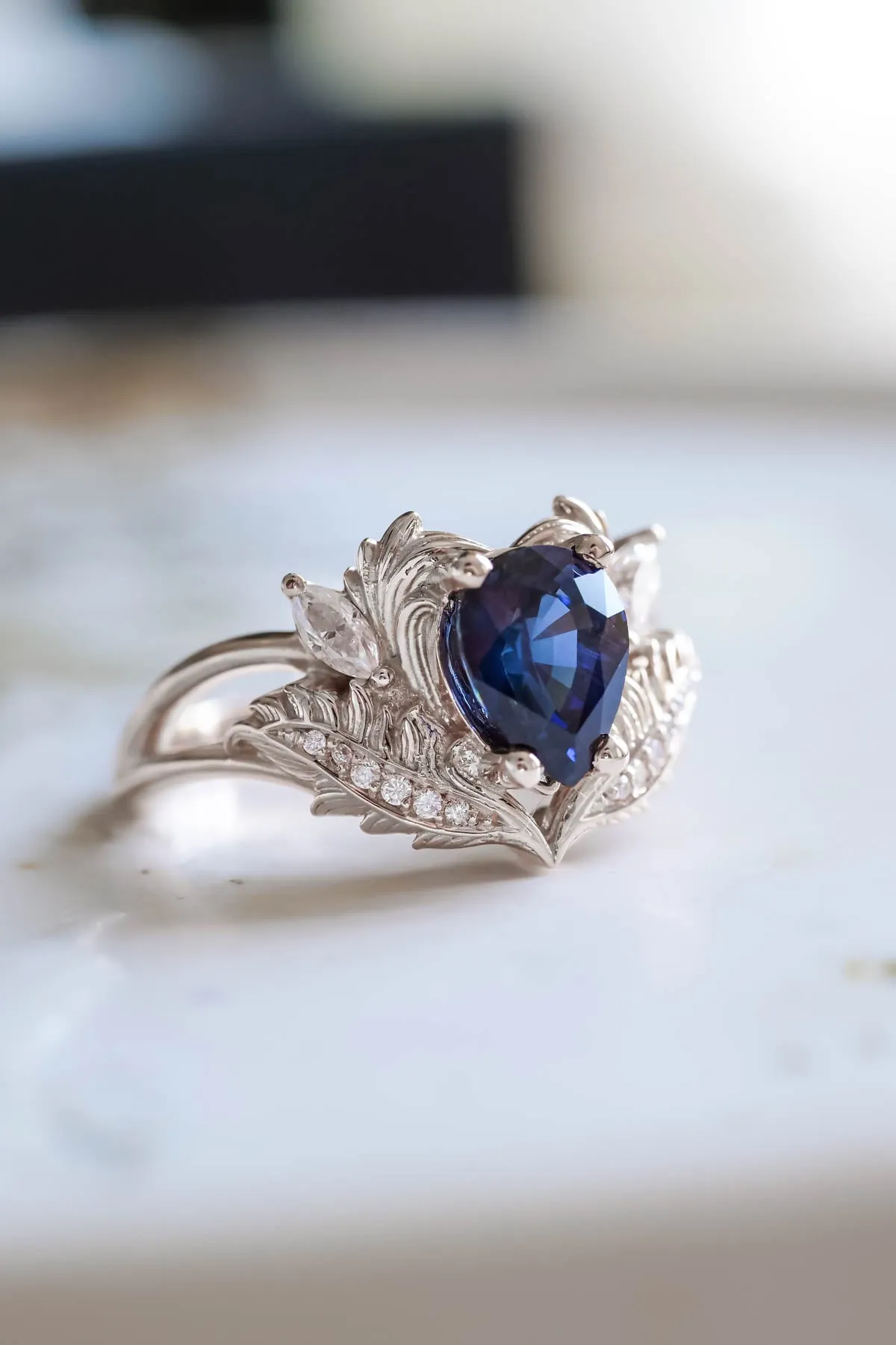 Blue sapphire engagement ring, nature inspired diamond ring / Adonis