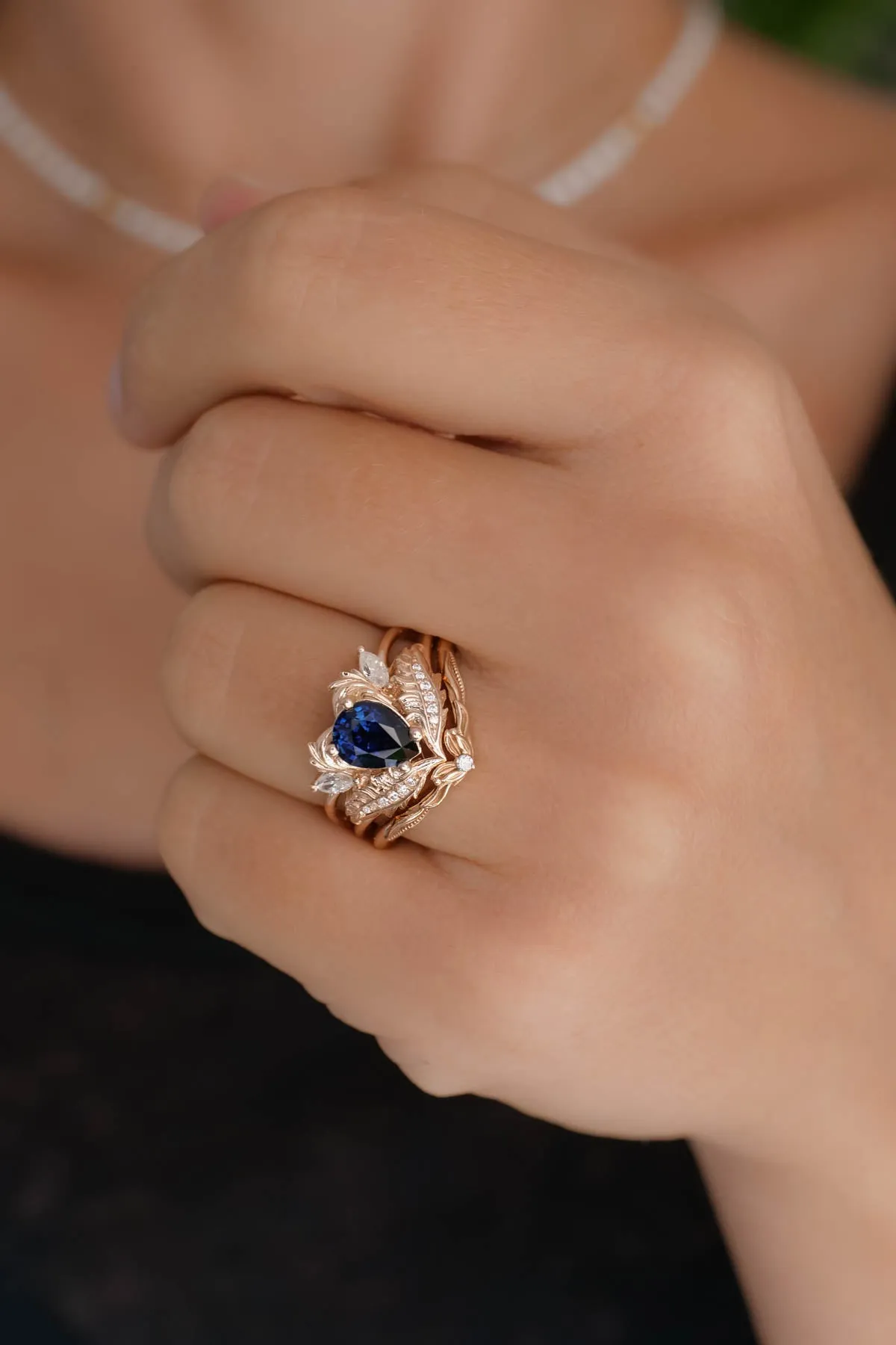 Blue sapphire engagement ring, nature inspired diamond ring / Adonis