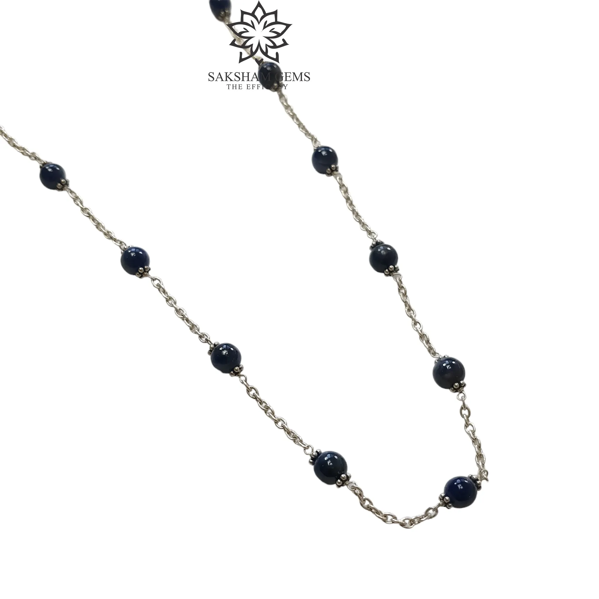 Blue Sapphire Gemstones Beads Chain NECKLACE : 13.82gms Natural Sapphire Cabochon 925 Sterling Silver Plain Beaded Necklace 19"