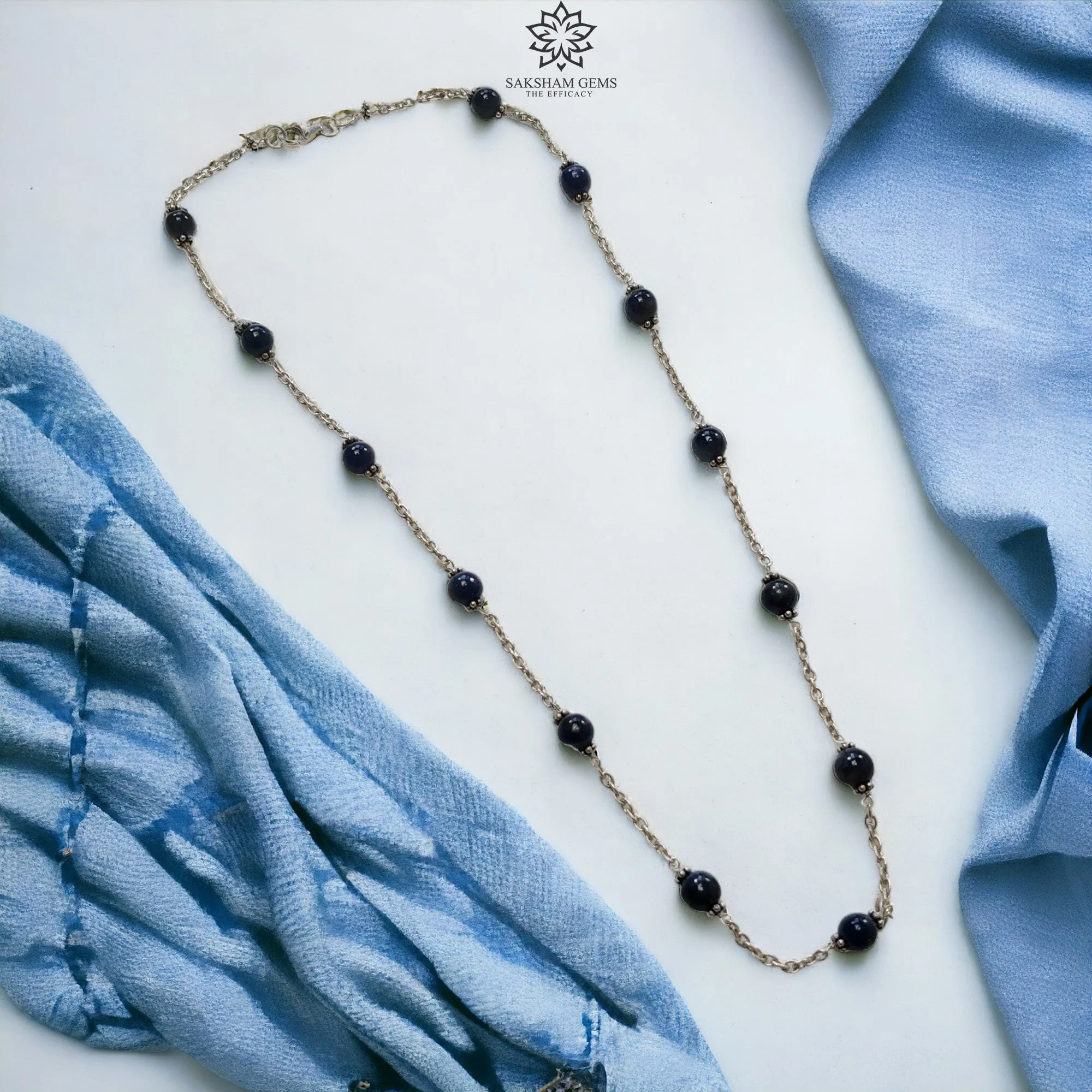 Blue Sapphire Gemstones Beads Chain NECKLACE : 13.82gms Natural Sapphire Cabochon 925 Sterling Silver Plain Beaded Necklace 19"