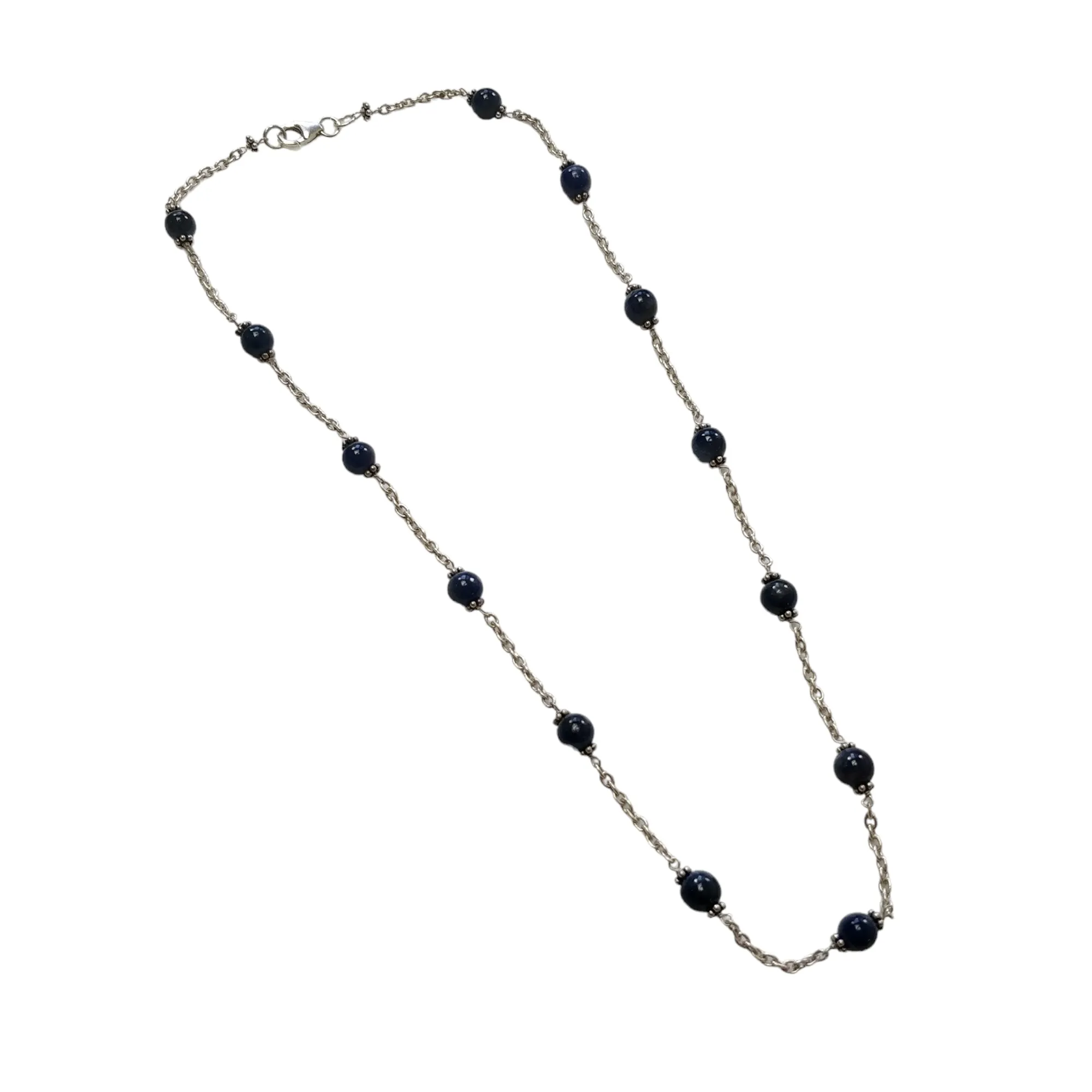 Blue Sapphire Gemstones Beads Chain NECKLACE : 13.82gms Natural Sapphire Cabochon 925 Sterling Silver Plain Beaded Necklace 19"