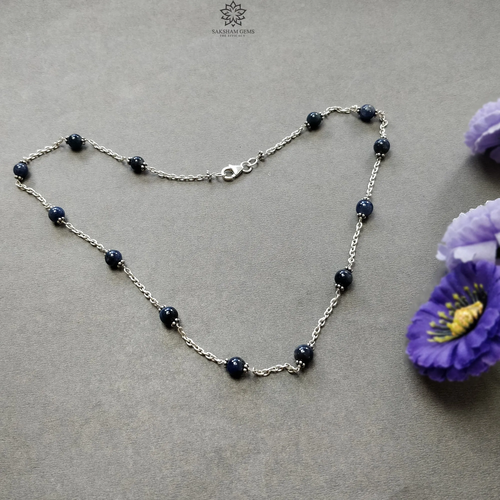 Blue Sapphire Gemstones Beads Chain NECKLACE : 13.82gms Natural Sapphire Cabochon 925 Sterling Silver Plain Beaded Necklace 19"