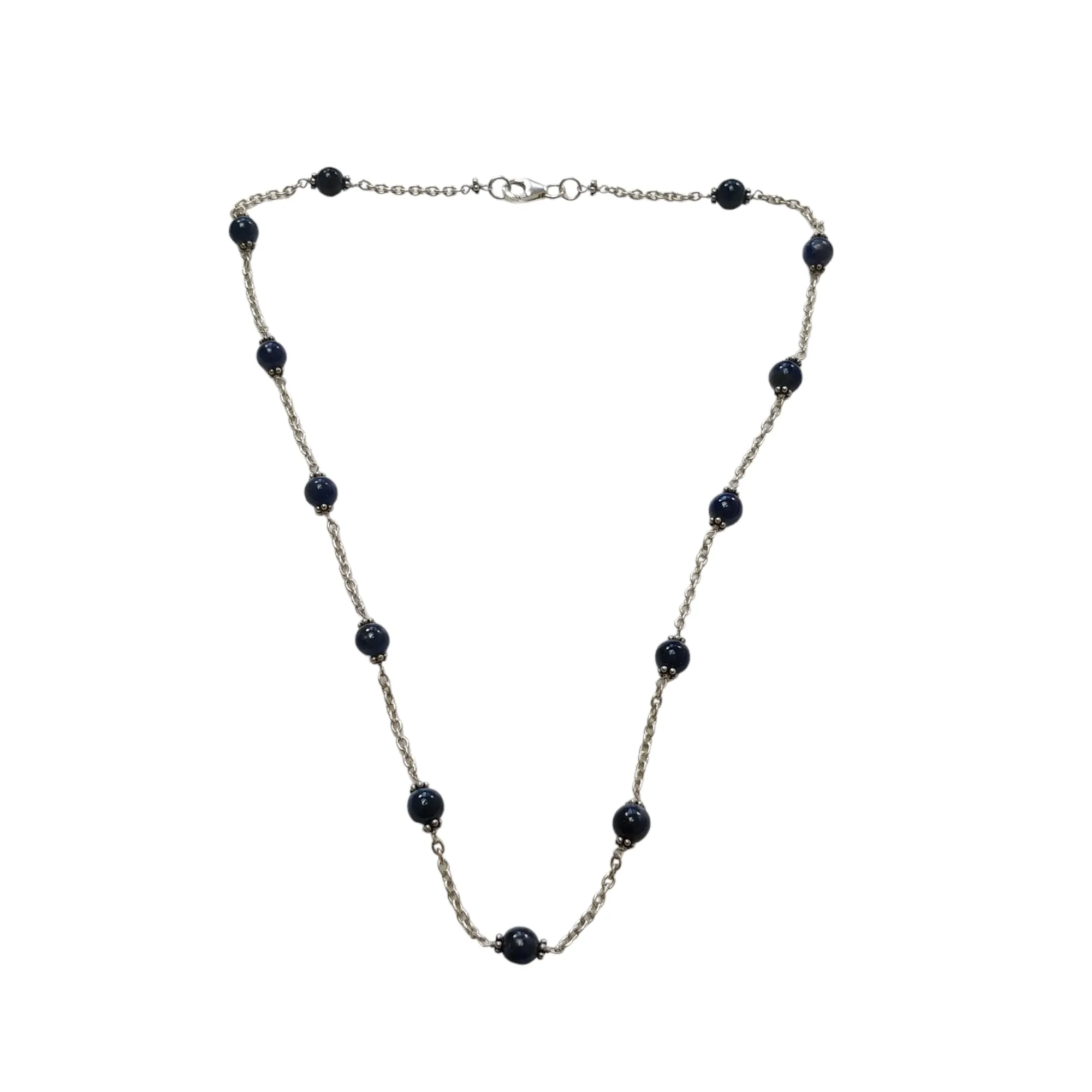 Blue Sapphire Gemstones Beads Chain NECKLACE : 13.82gms Natural Sapphire Cabochon 925 Sterling Silver Plain Beaded Necklace 19"