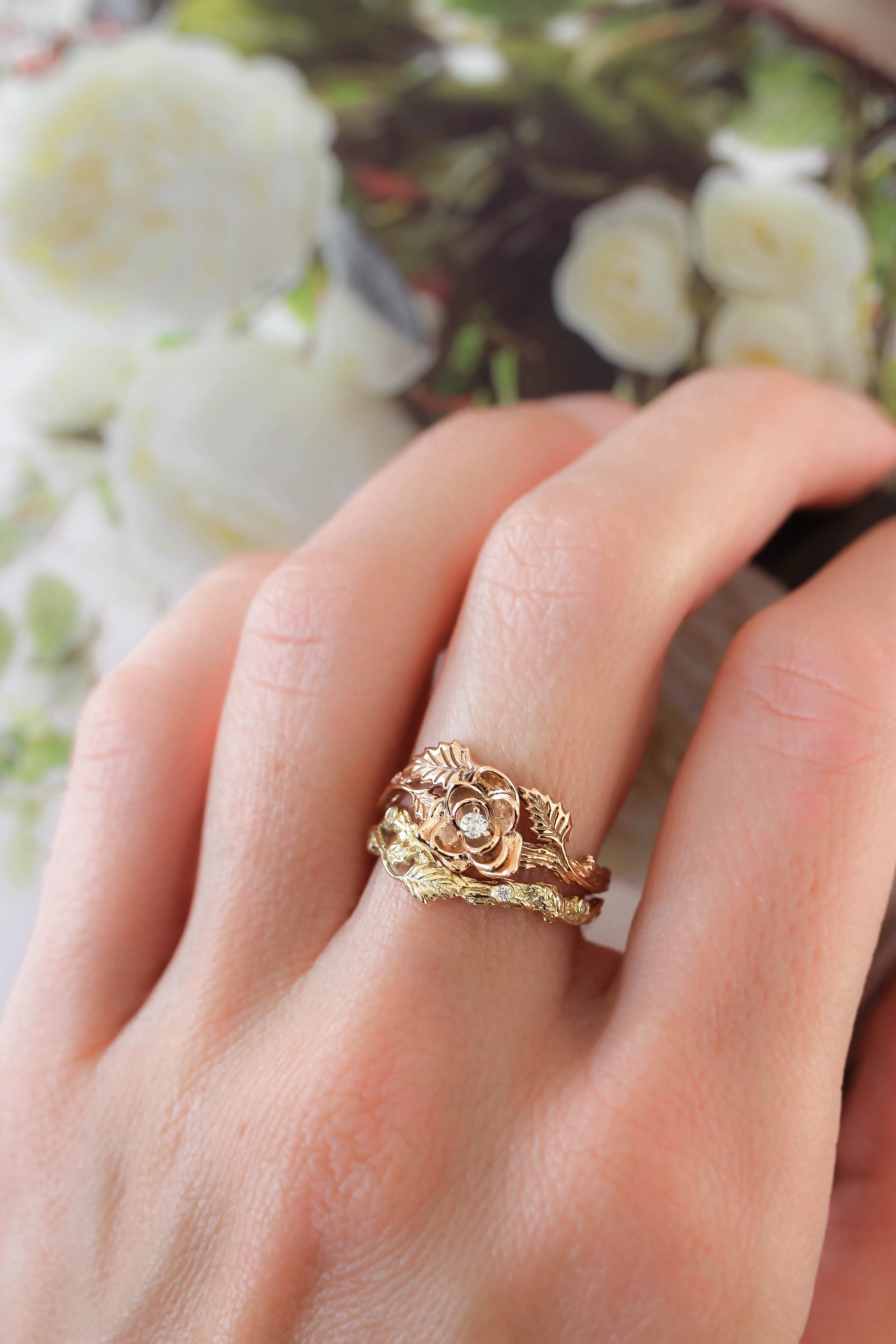 Branch wedding band with diamonds / matching band for rose ring
