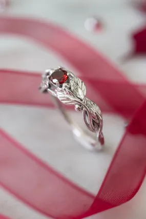 Garnet engagement ring, leaves band / Cornus, round faceted