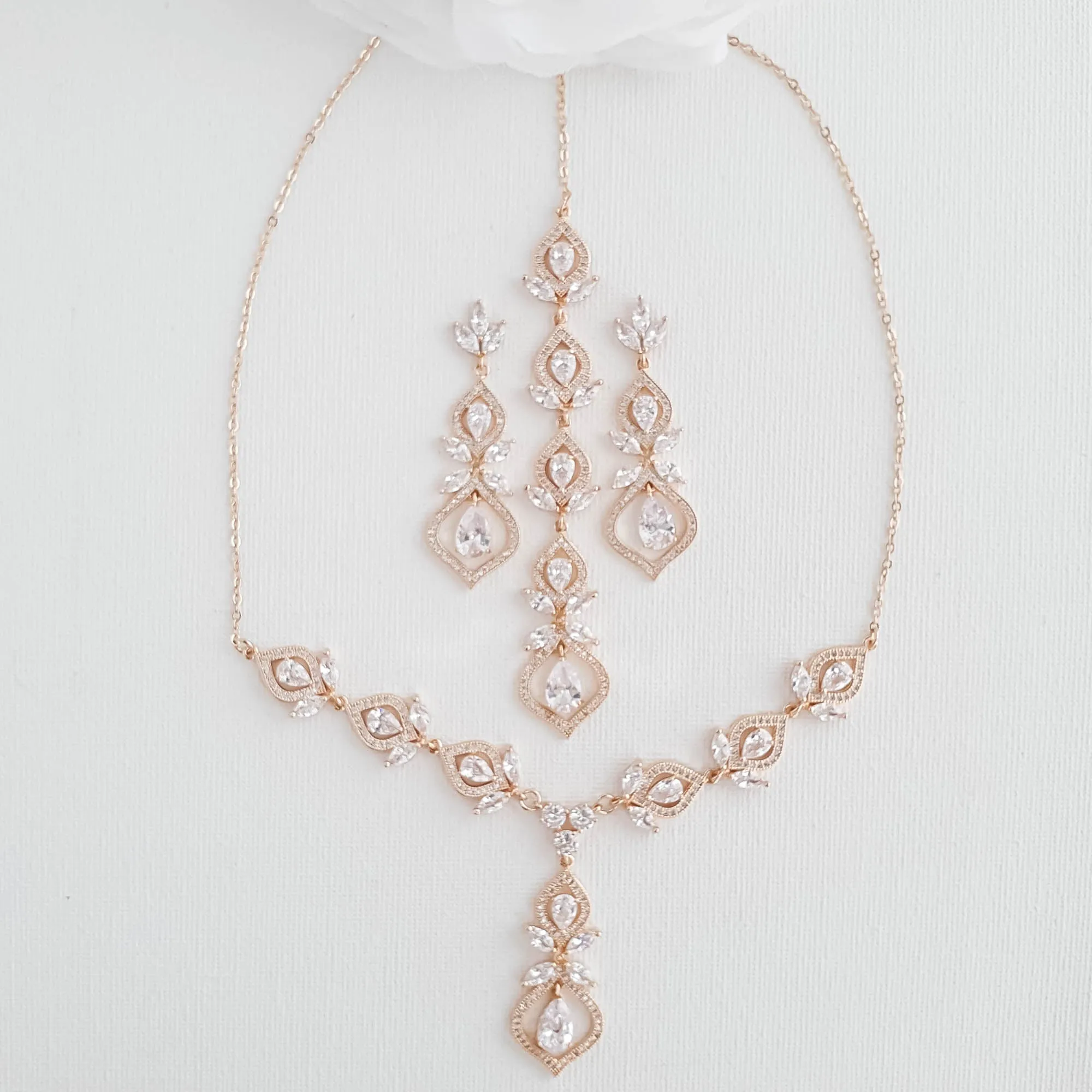 Gold Back Necklace and Earrings Bridal Jewelry Set-Meghan