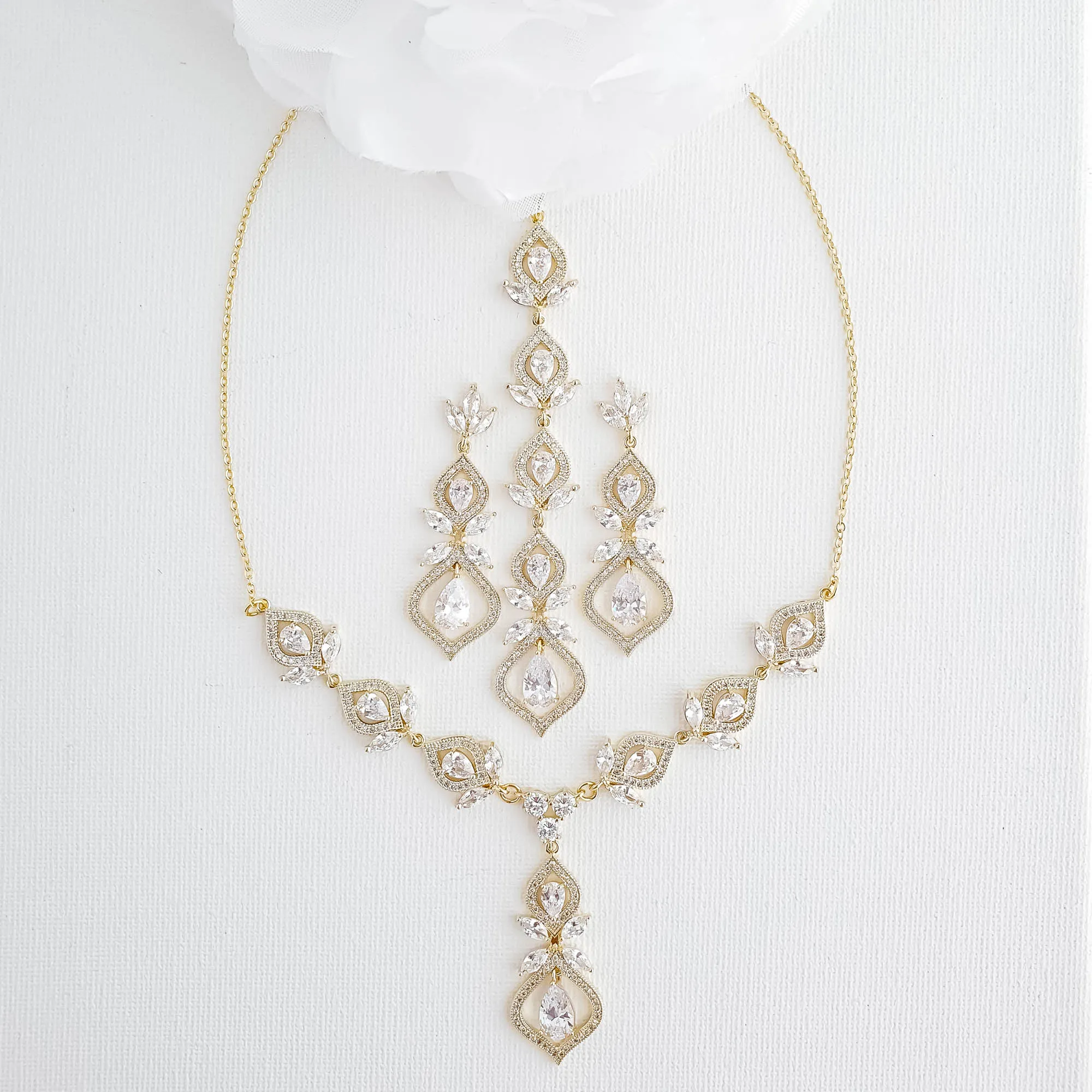 Gold Back Necklace and Earrings Bridal Jewelry Set-Meghan