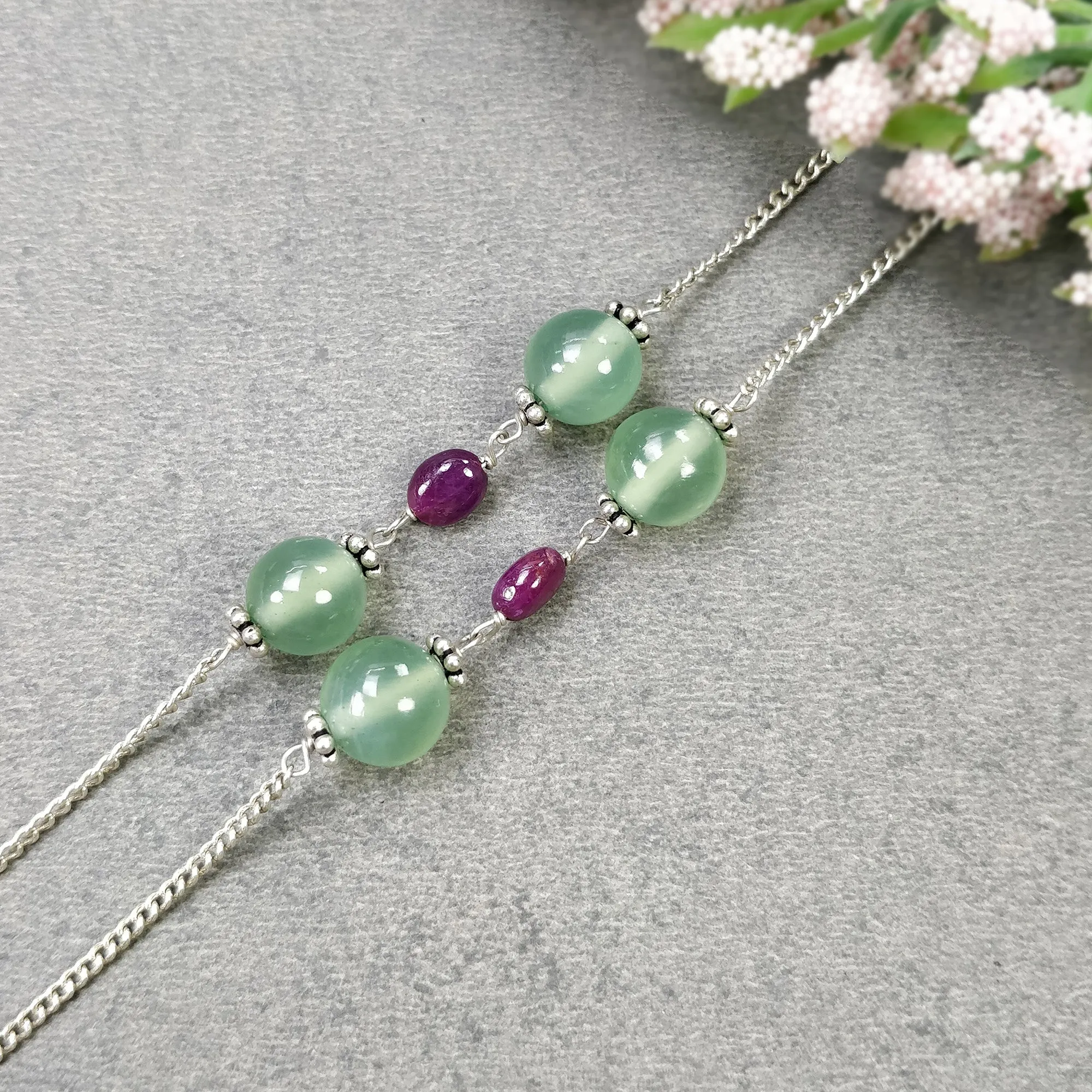 Green SERPENTINE & Red RUBY Gemstones Beads Chain NECKLACE : 925 Sterling Silver Natural Round Oval Cabochon 17" Statement Necklace