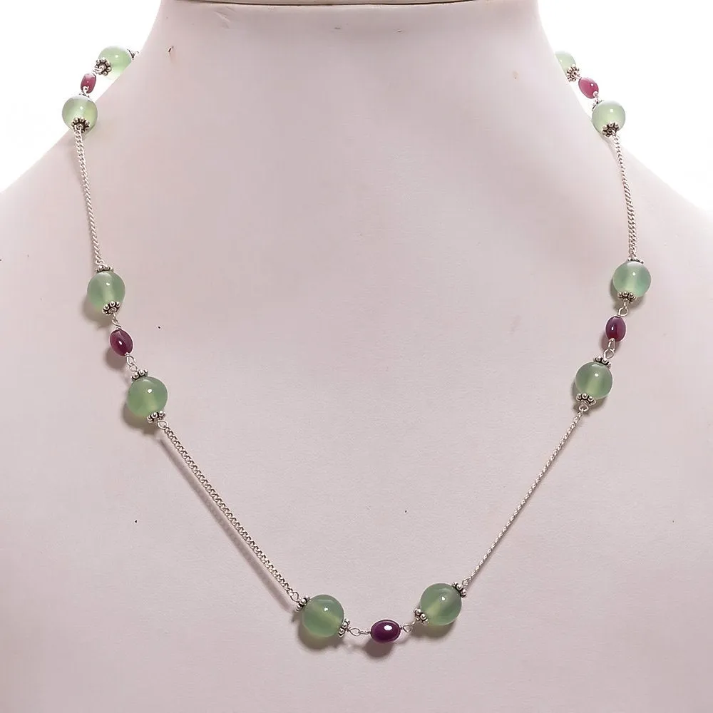 Green SERPENTINE & Red RUBY Gemstones Beads Chain NECKLACE : 925 Sterling Silver Natural Round Oval Cabochon 17" Statement Necklace