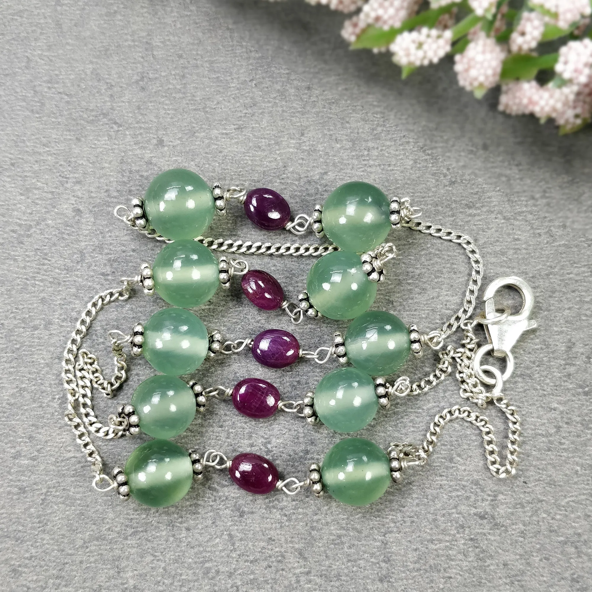Green SERPENTINE & Red RUBY Gemstones Beads Chain NECKLACE : 925 Sterling Silver Natural Round Oval Cabochon 17" Statement Necklace