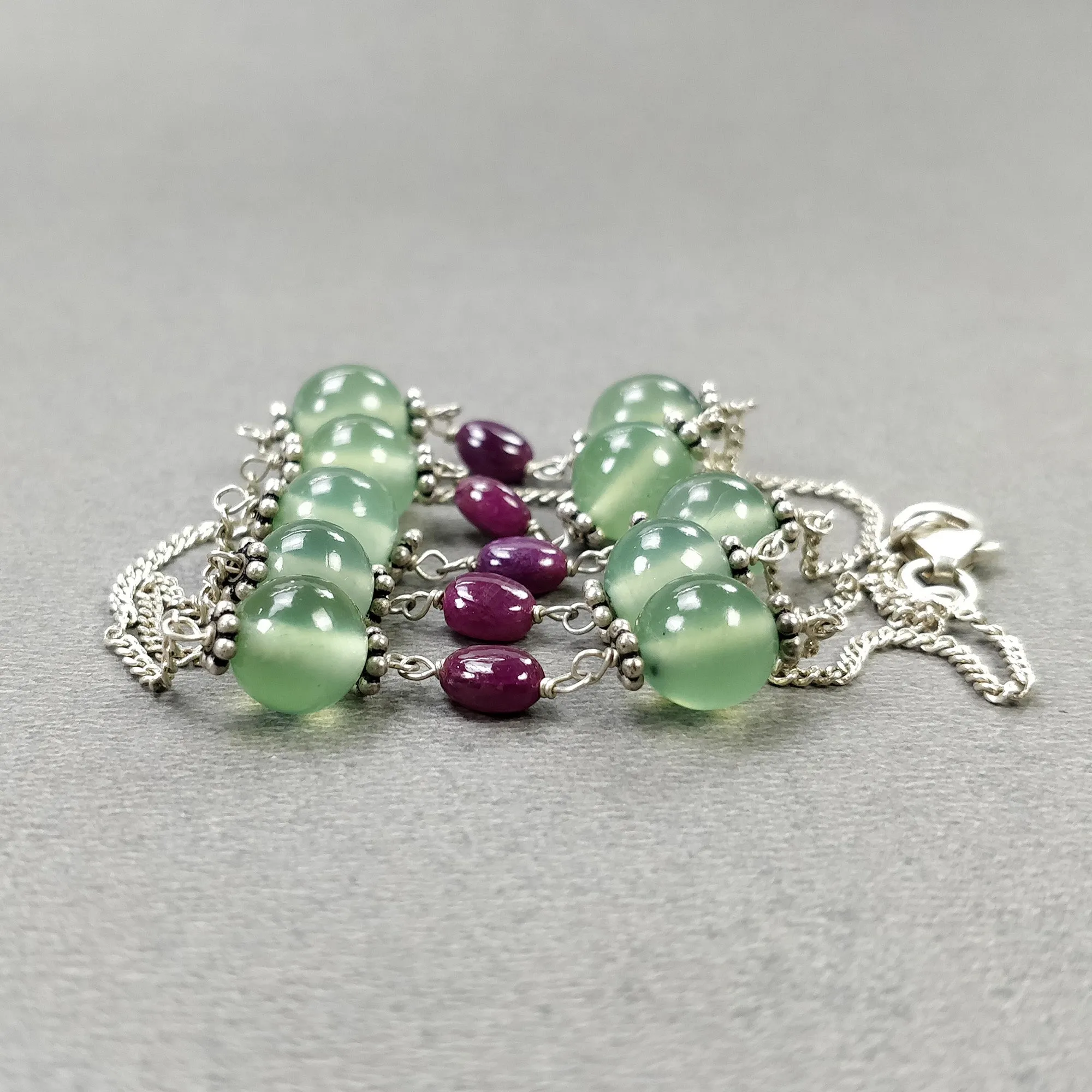 Green SERPENTINE & Red RUBY Gemstones Beads Chain NECKLACE : 925 Sterling Silver Natural Round Oval Cabochon 17" Statement Necklace