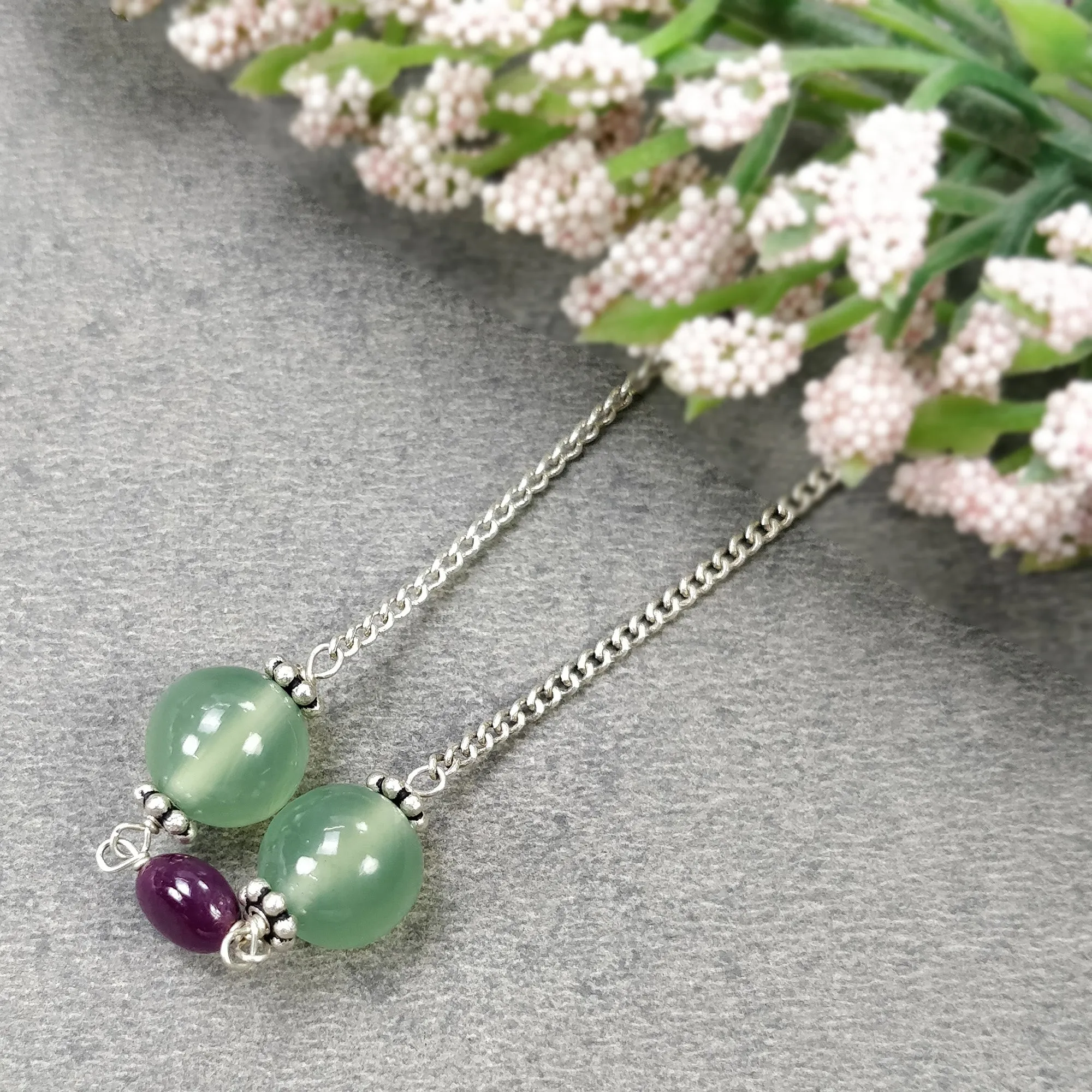 Green SERPENTINE & Red RUBY Gemstones Beads Chain NECKLACE : 925 Sterling Silver Natural Round Oval Cabochon 17" Statement Necklace