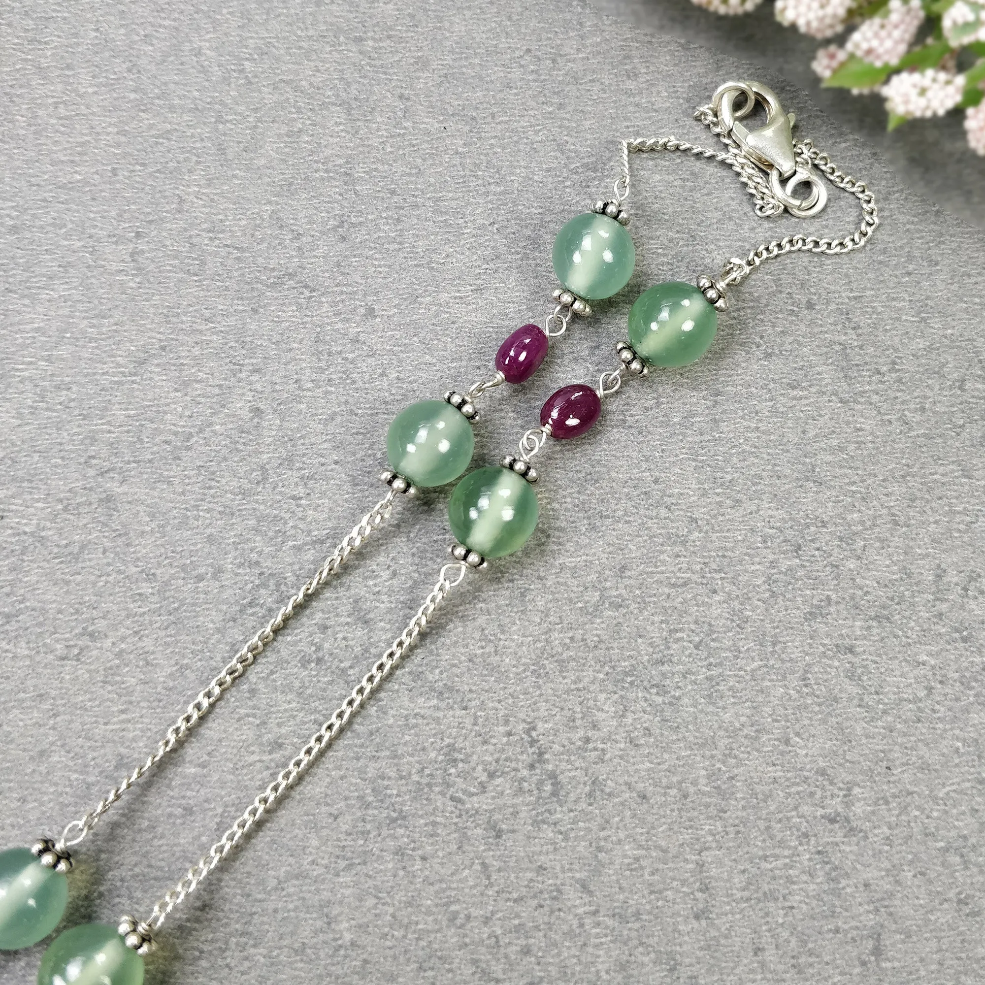 Green SERPENTINE & Red RUBY Gemstones Beads Chain NECKLACE : 925 Sterling Silver Natural Round Oval Cabochon 17" Statement Necklace