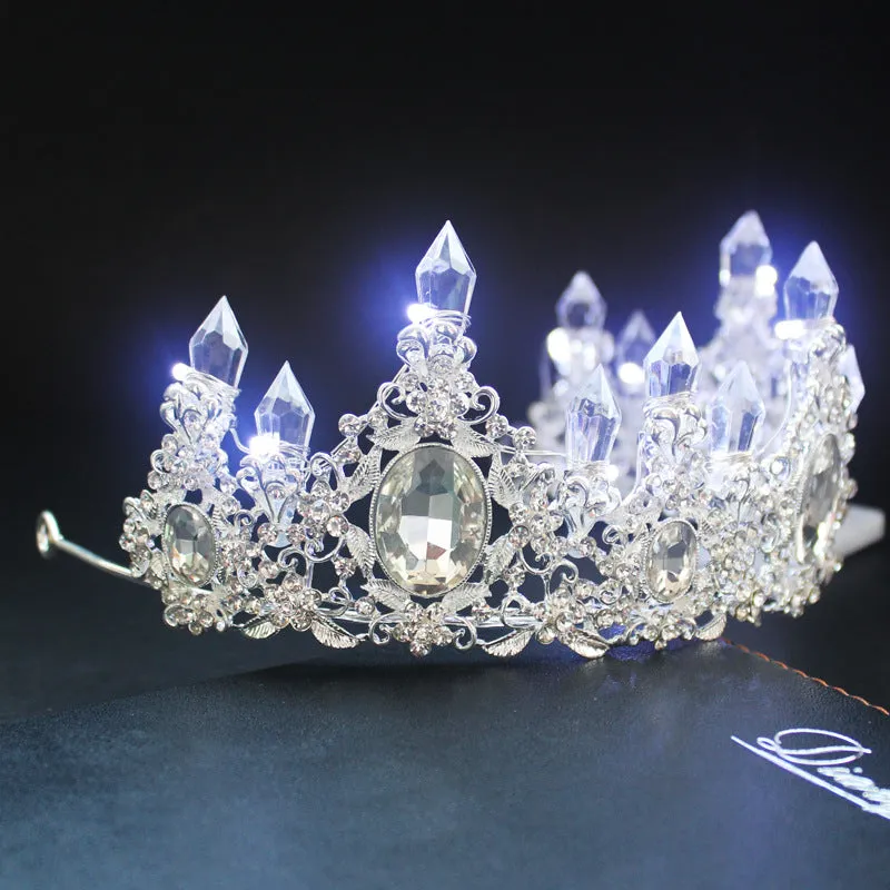 LED Tiara Women Crystal Floral Headband Headdress Rhinestone Light Crowns Party Hair Accessories