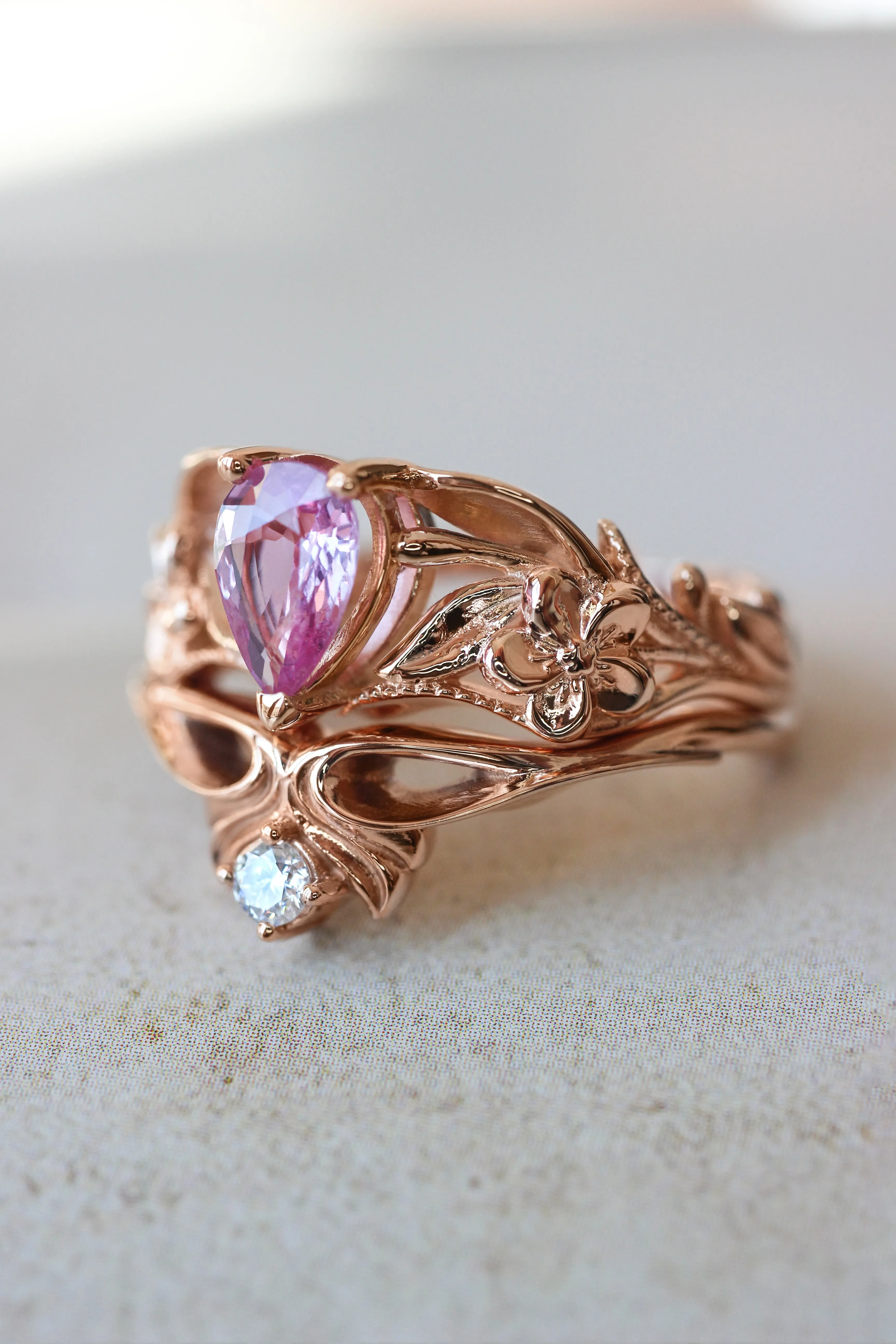 Pink sapphire engagement ring, art nouveau ring / Eloise