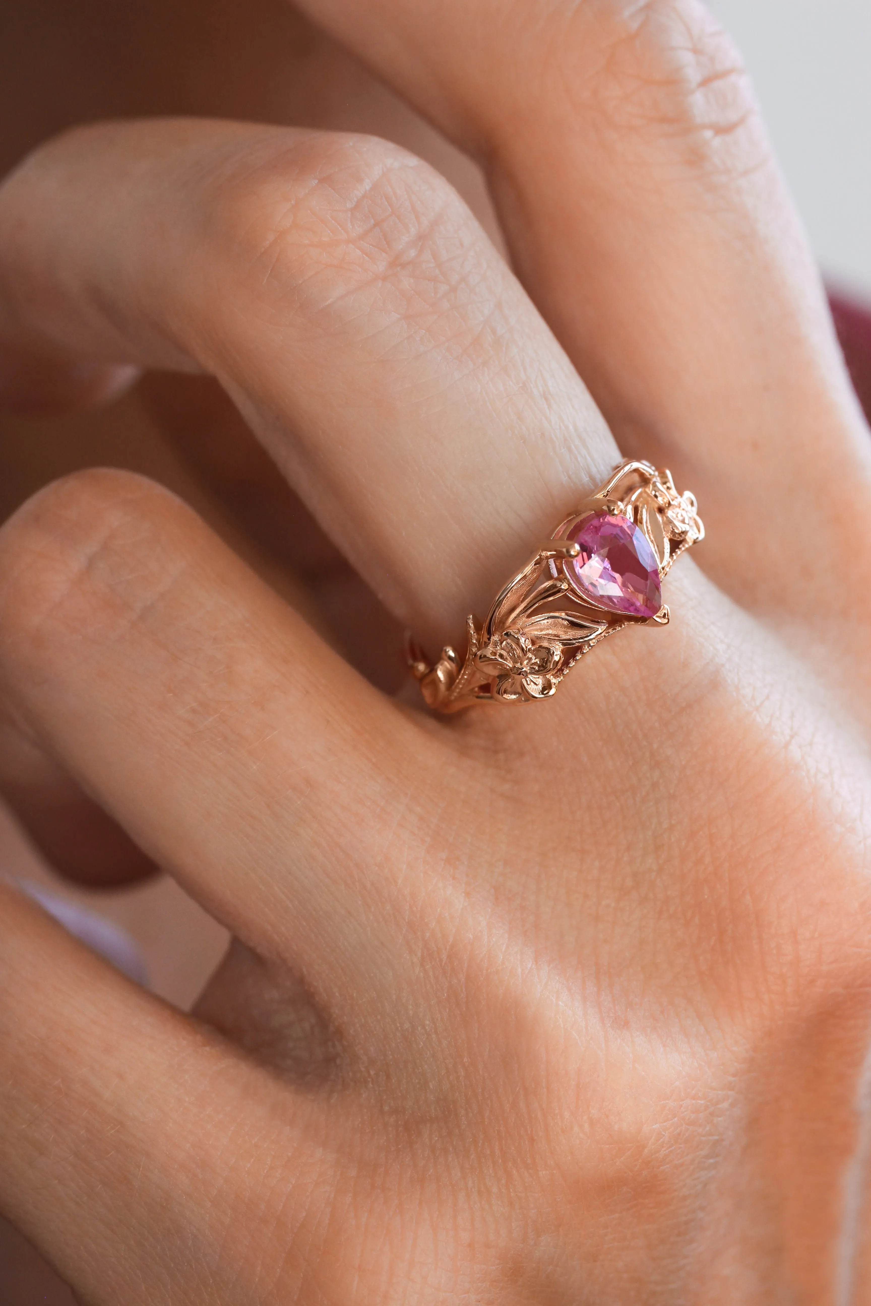 Pink sapphire engagement ring, art nouveau ring / Eloise