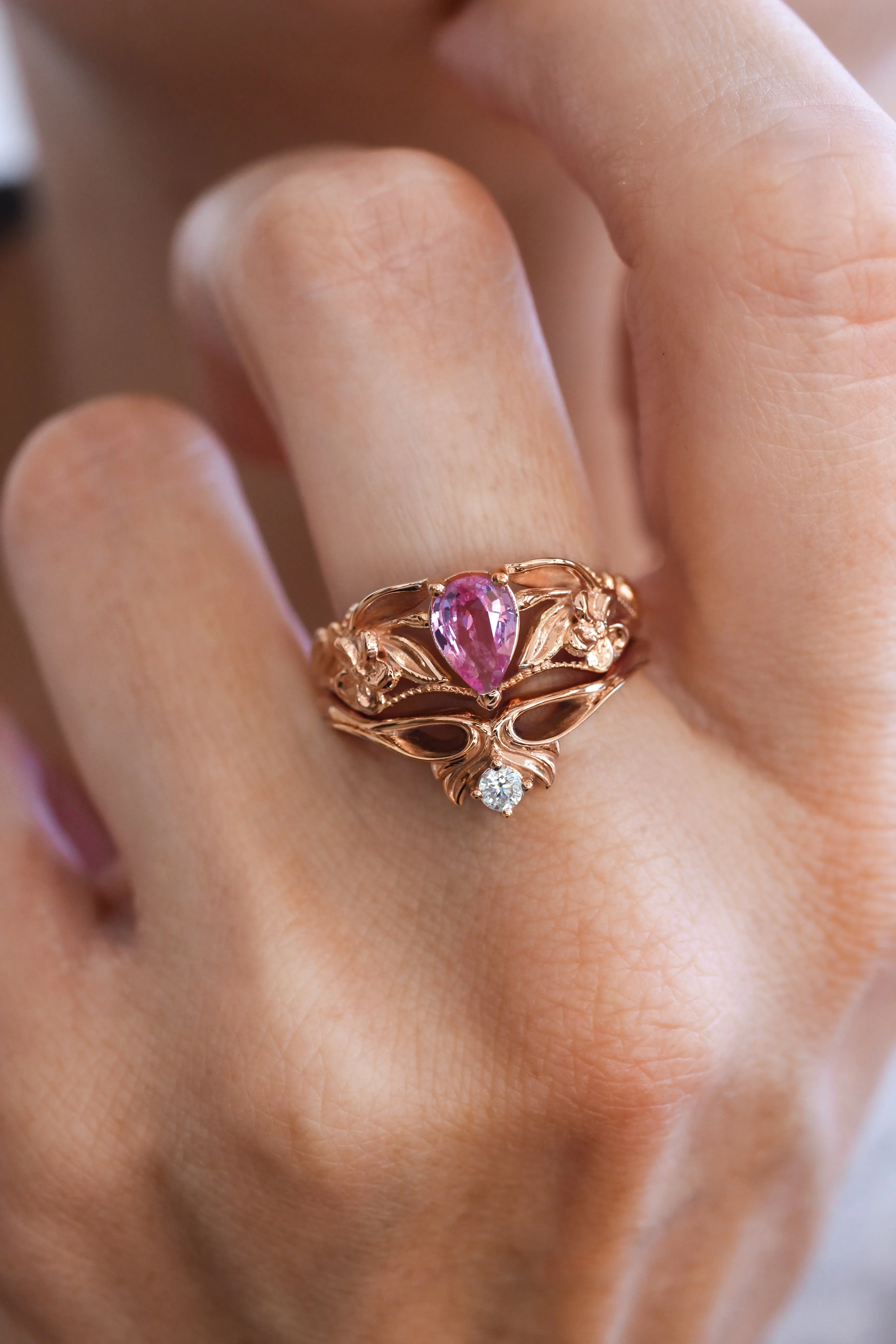 Pink sapphire engagement ring, art nouveau ring / Eloise