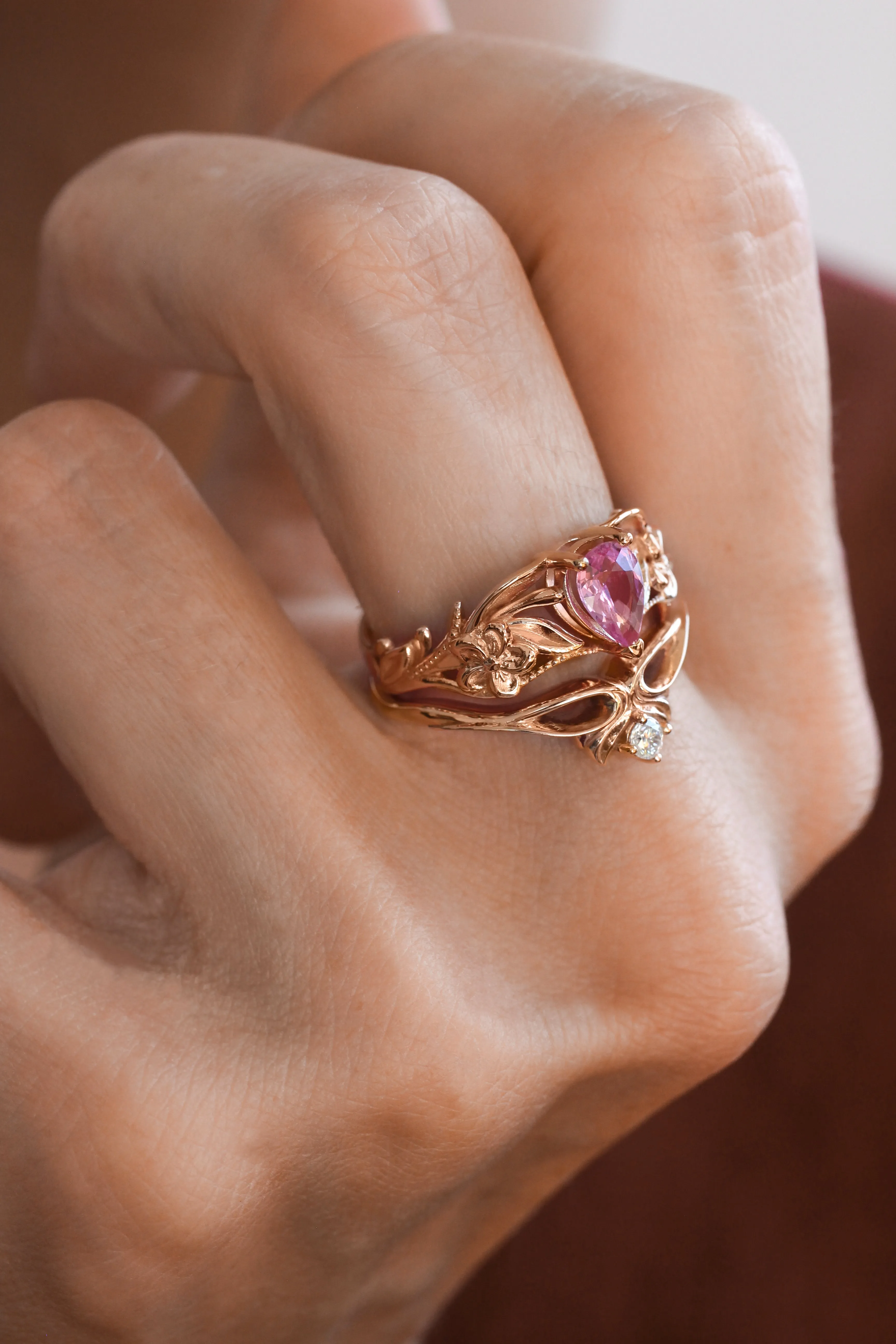 Pink sapphire engagement ring, art nouveau ring / Eloise