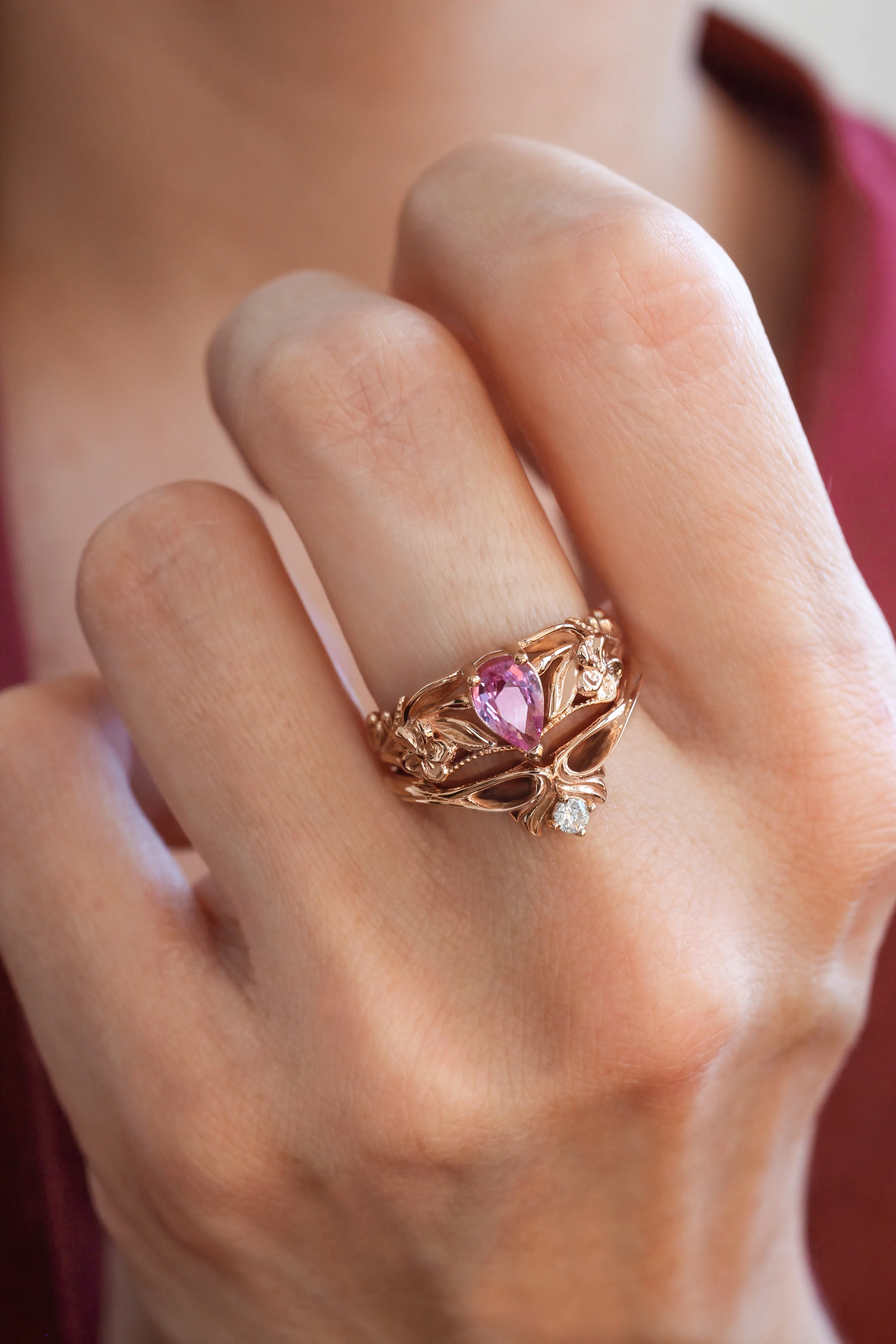 Pink sapphire engagement ring, art nouveau ring / Eloise
