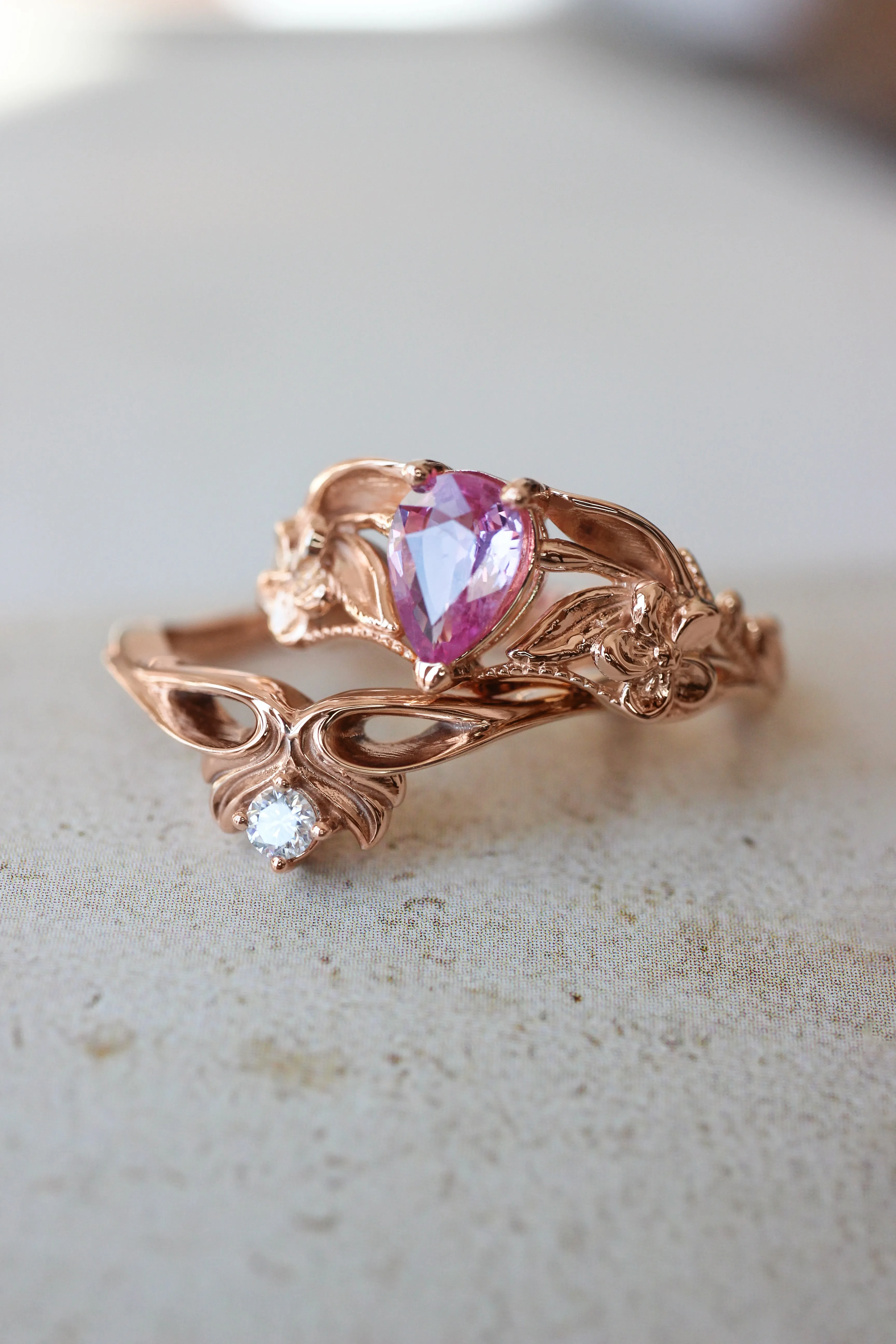 Pink sapphire engagement ring, art nouveau ring / Eloise