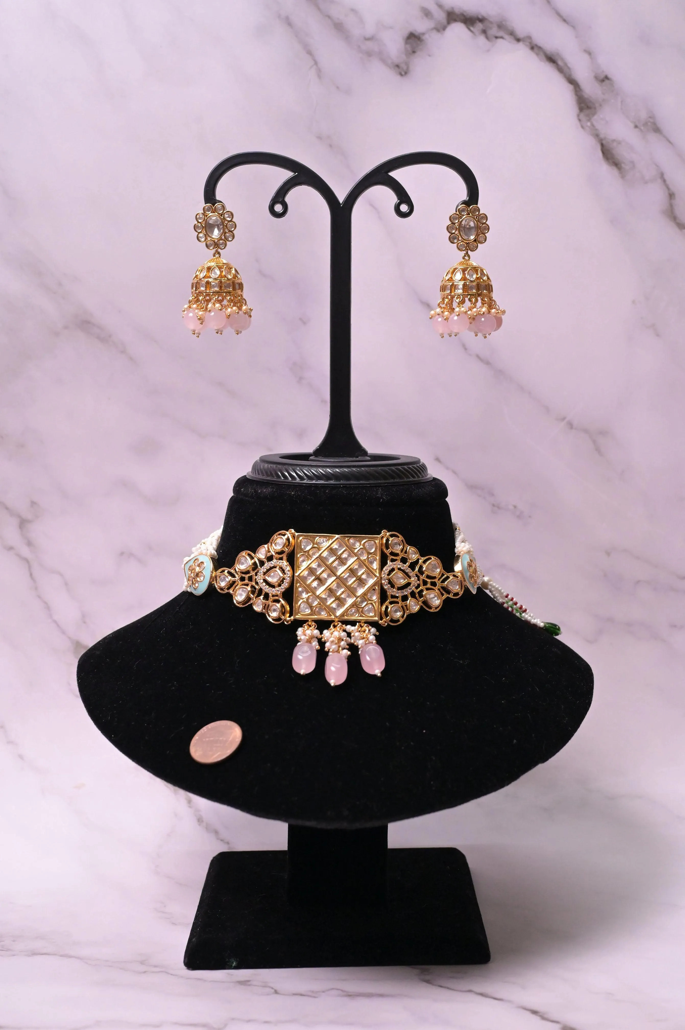 Pure Brass Metal Kundan Choker Necklace Set with Lateral Pendant