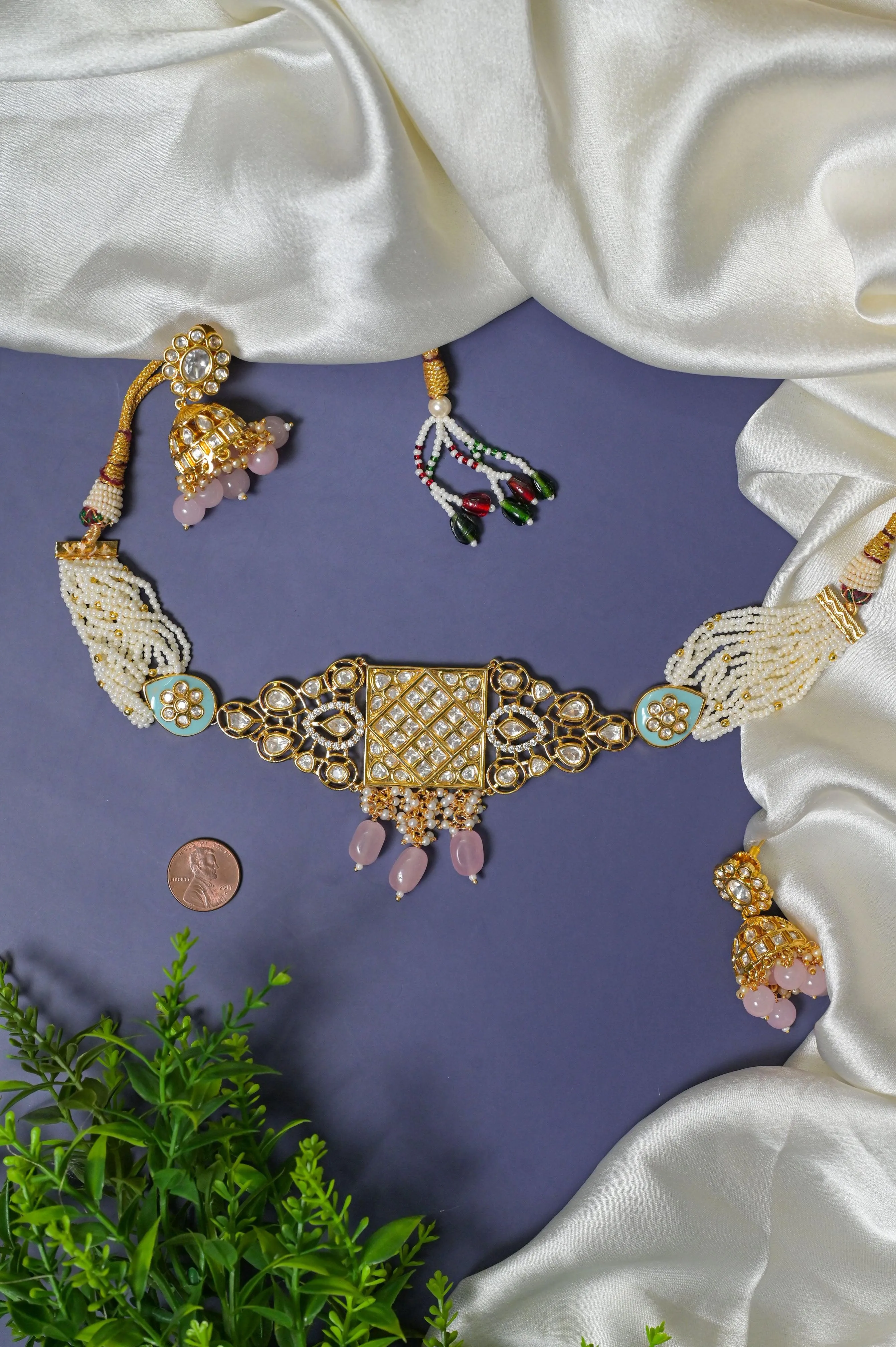 Pure Brass Metal Kundan Choker Necklace Set with Lateral Pendant