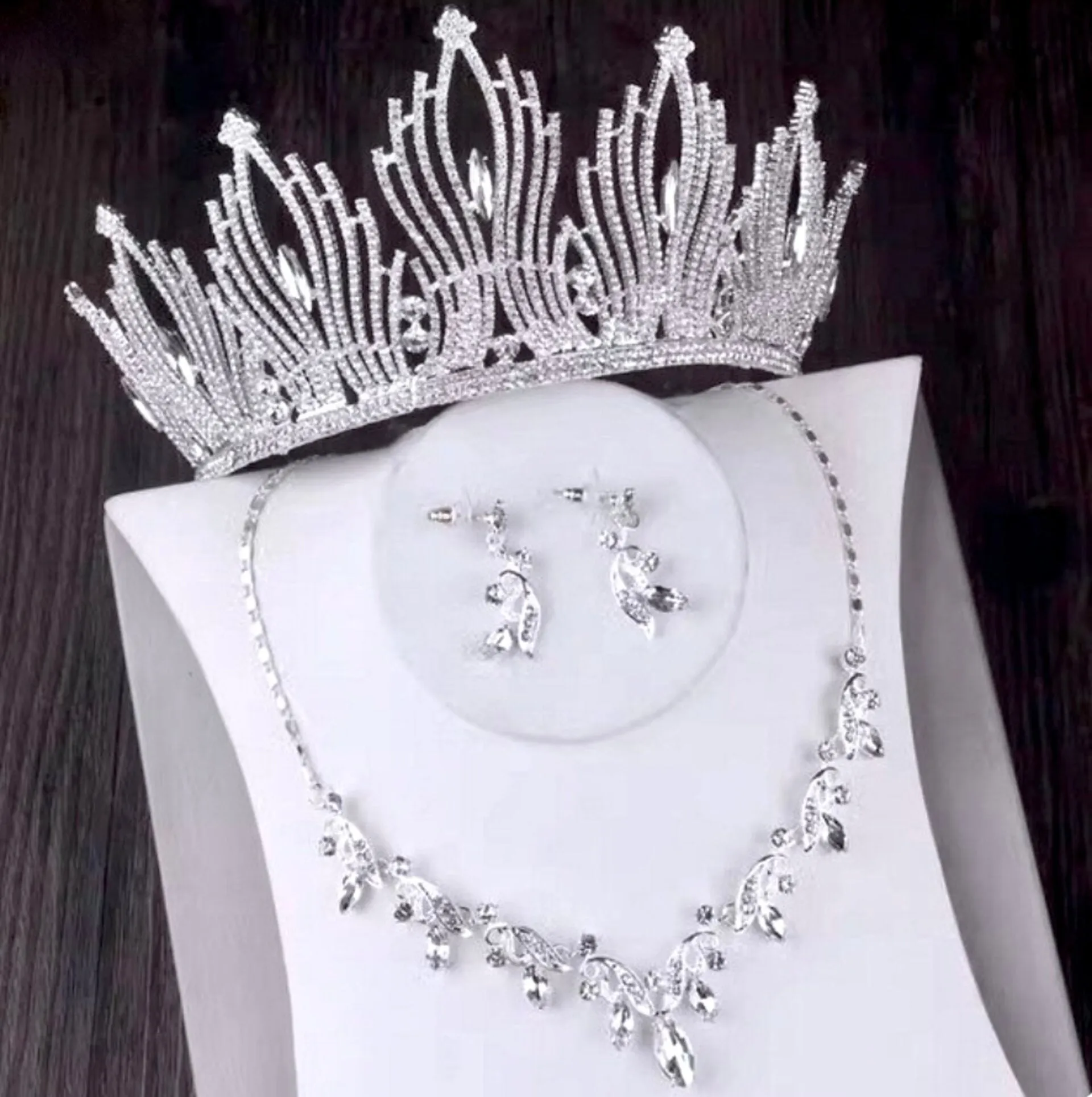 "Edyta" - Silver Cubic Zirconia 3-Piece Bridal Jewelry Set With Tiara