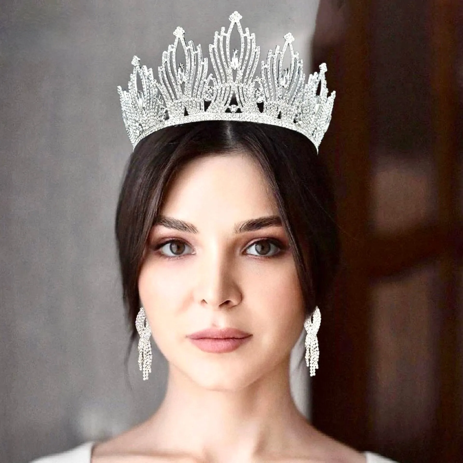 "Edyta" - Silver Cubic Zirconia 3-Piece Bridal Jewelry Set With Tiara
