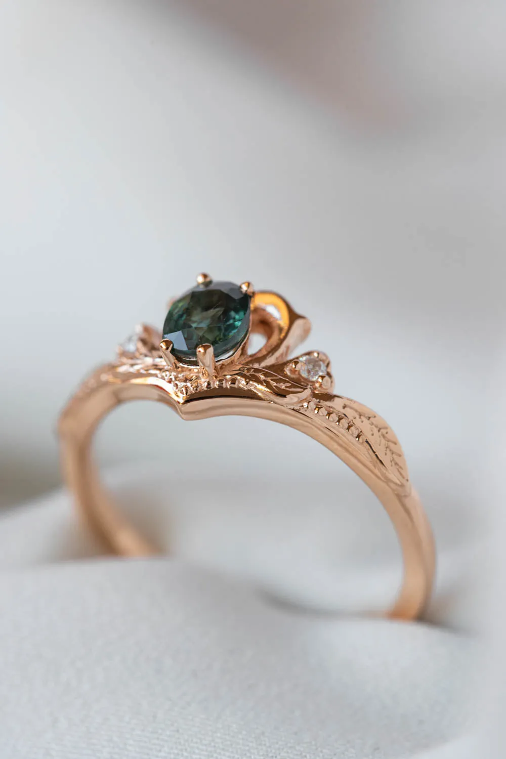 READY TO SHIP: Amura in 14K rose gold, natural oval cut teal sapphire 6.3x5.3 mm, moissanites, RING SIZE 7 US