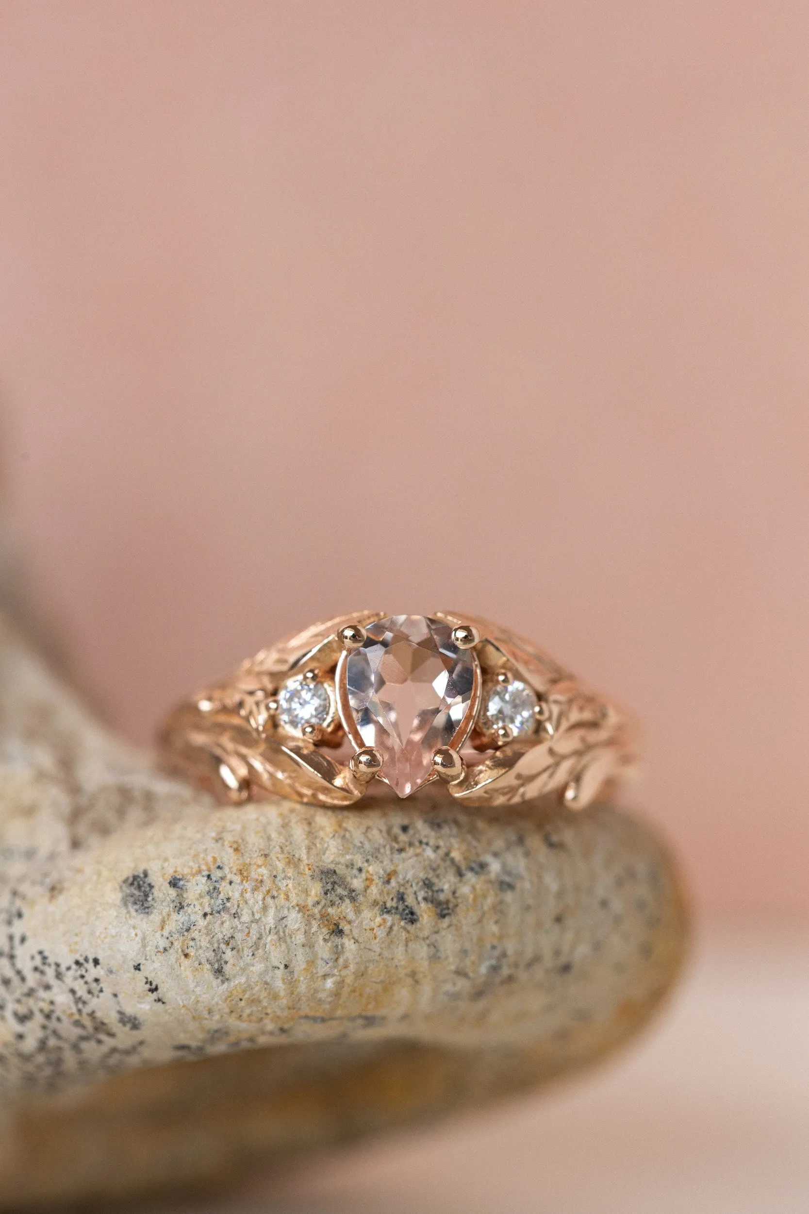 READY TO SHIP: Wisteria ring in 14K rose gold, natural morganite pear cut 7x5 mm, accent moissanites, AVAILABLE RING SIZES: 4.5-6.5US