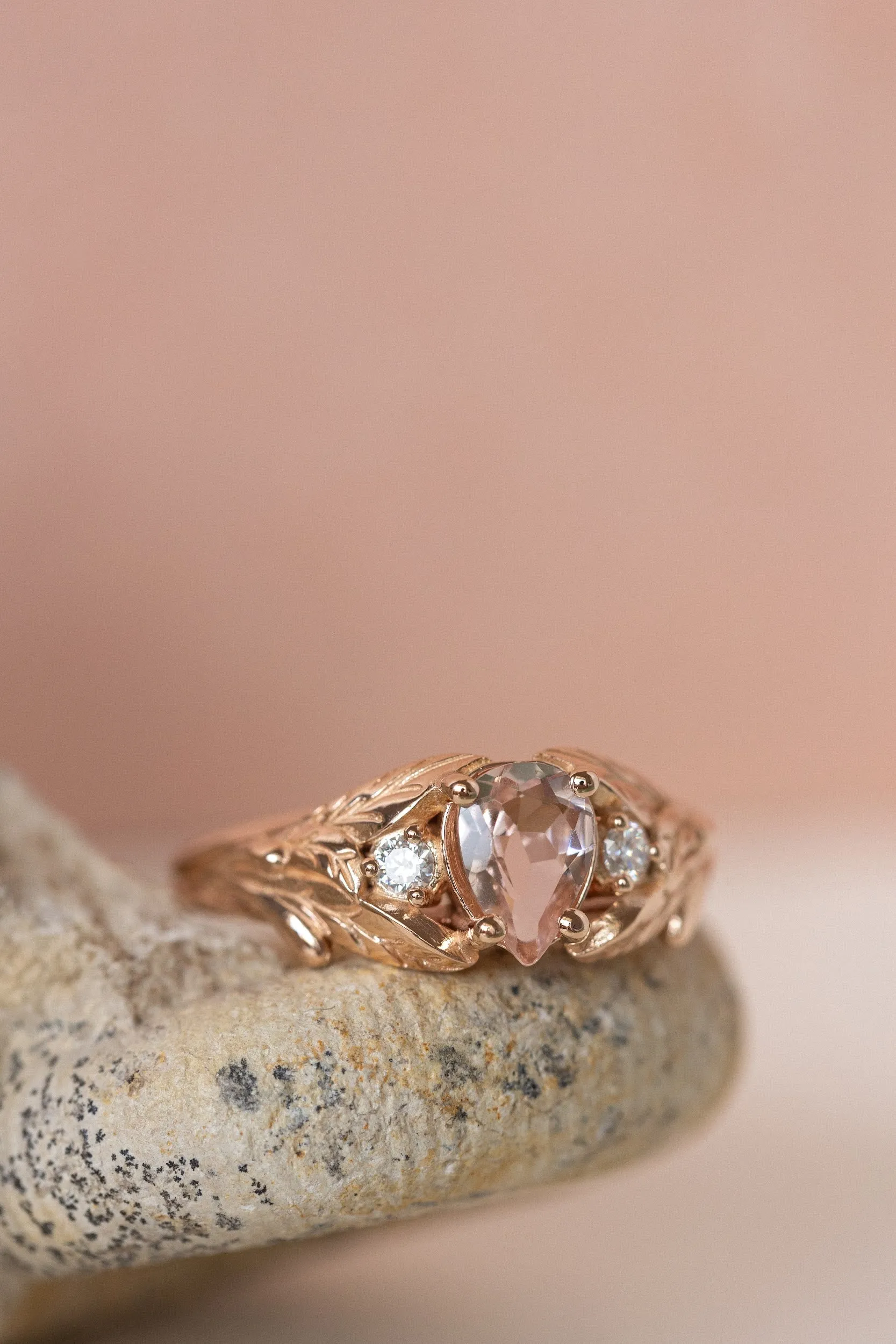 READY TO SHIP: Wisteria ring in 14K rose gold, natural morganite pear cut 7x5 mm, accent moissanites, AVAILABLE RING SIZES: 4.5-6.5US