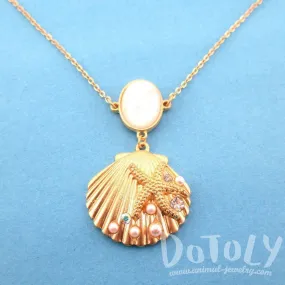 Seashell Starfish Ocean Inspired Mermaid Jewelry Pendant Necklace in Gold