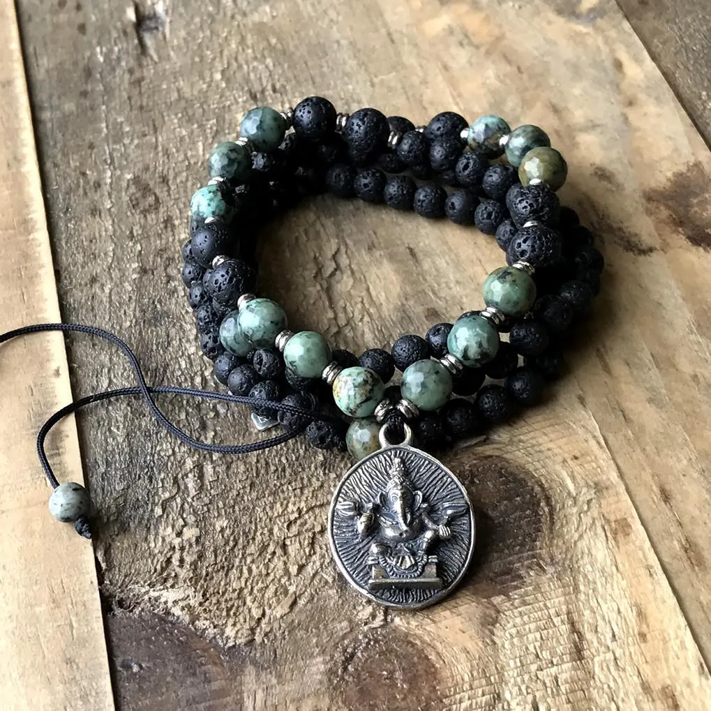 Throat Chakra Aromatherapy Lava Rock Mala Beads with Ganesh Pendant