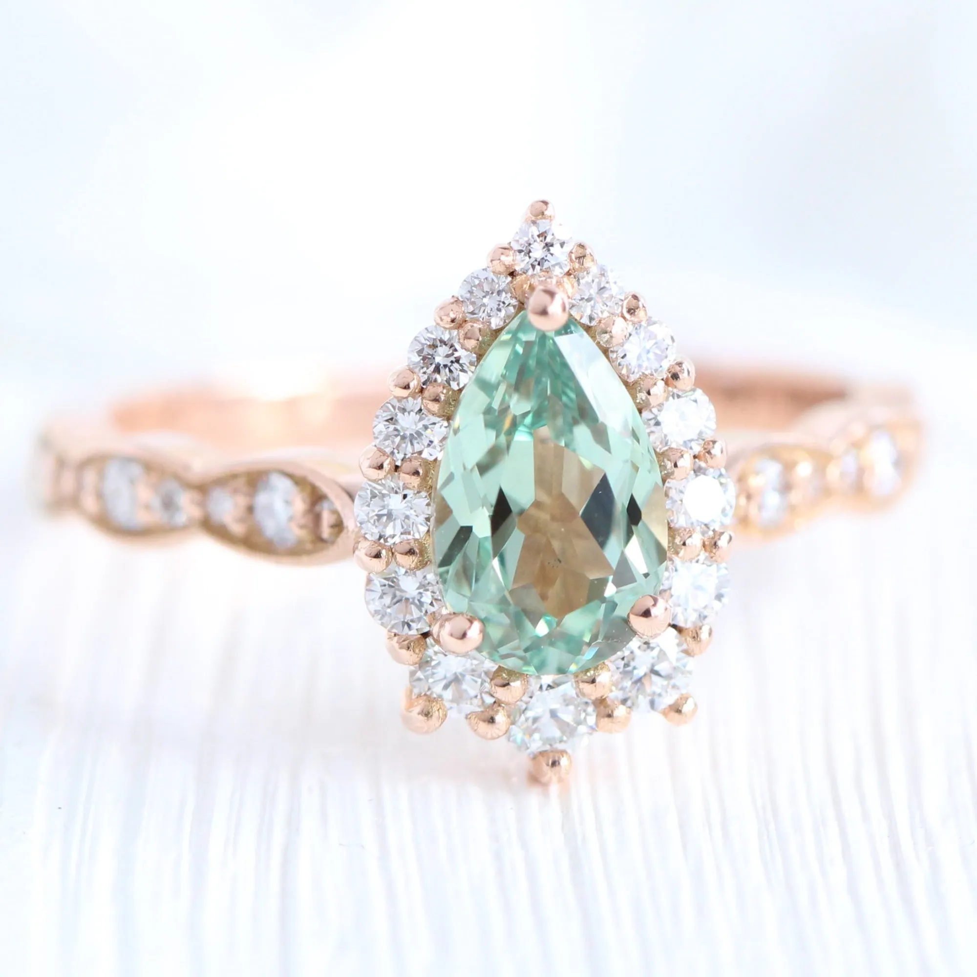 Tiara Halo Ring Set in Scalloped Band w/ Pear Sea Foam Green Sapphire and Diamond