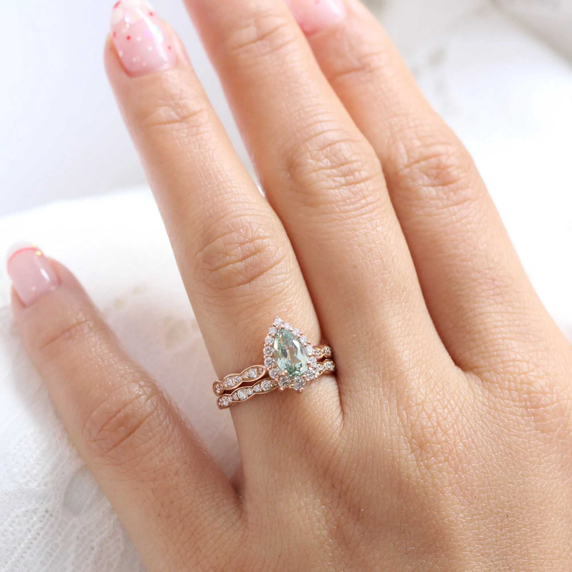 Tiara Halo Ring Set in Scalloped Band w/ Pear Sea Foam Green Sapphire and Diamond