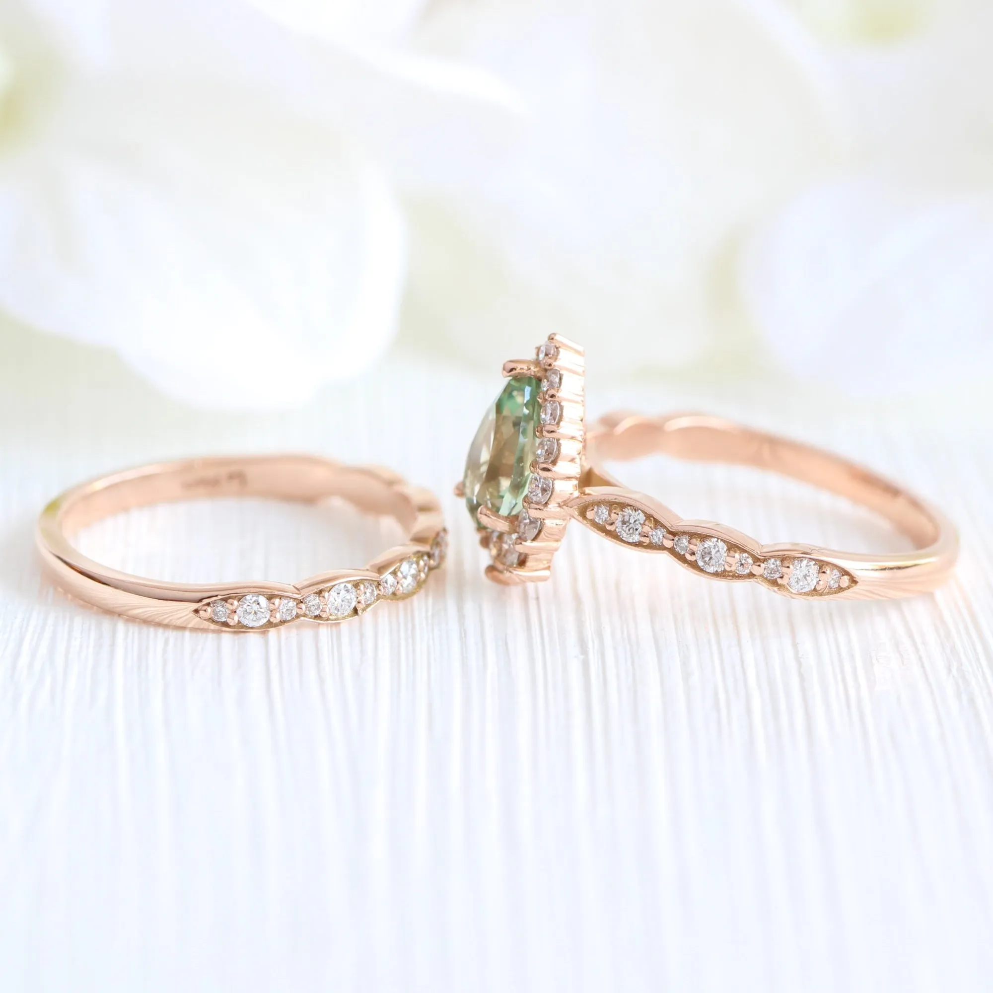 Tiara Halo Ring Set in Scalloped Band w/ Pear Sea Foam Green Sapphire and Diamond